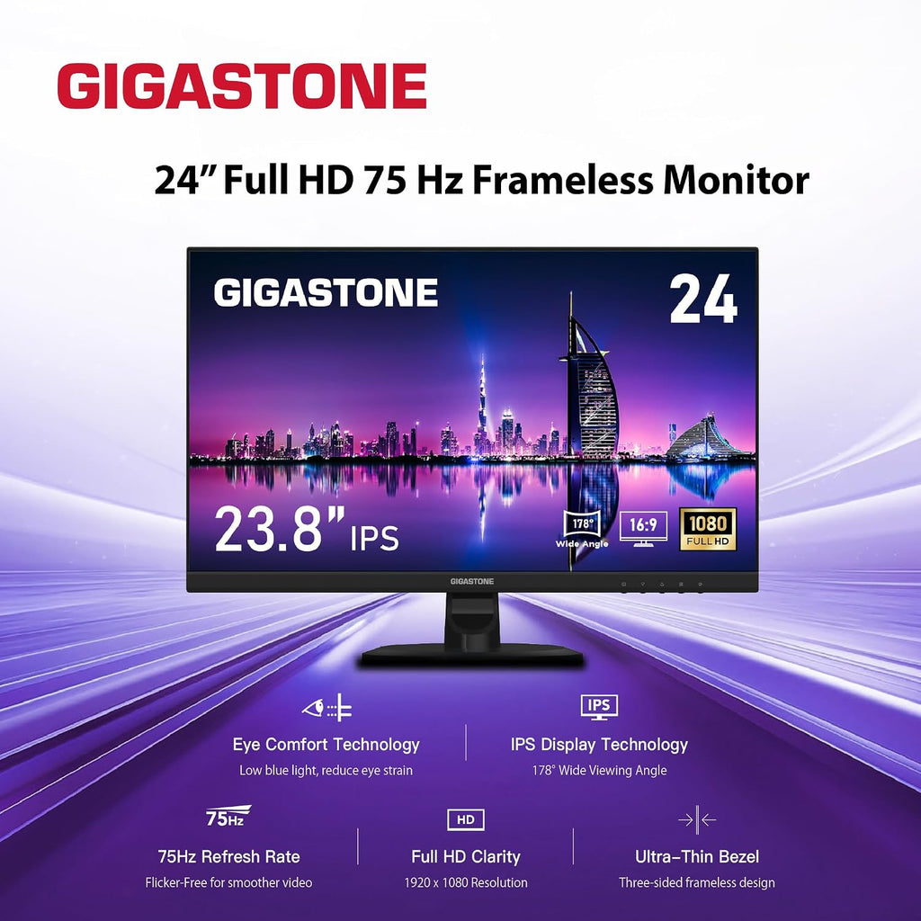 Gigastone 24 inch IPS LED Back Light Monitor 75Hz FHD 1920 x 1080, 1080P 178° Wide View Frameless Computer Monitor 5ms, Built-in Speakers, Eye Care Technology, Ergonomic Tilt VESA Mount, HDMI VGA