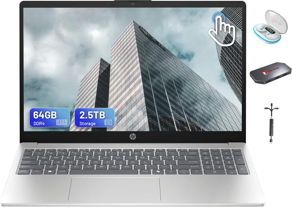 HP 15.6' FHD Touchscreen Laptop | Intel i7-1355U | Intel Iris Xe Graphics | 64GB RAM, 2.5TB Storage (2TB SSD + 512GB Docking Station Set) | Num Pad, Wi-Fi 6, Fast Charge, Windows 11 Pro | Silver