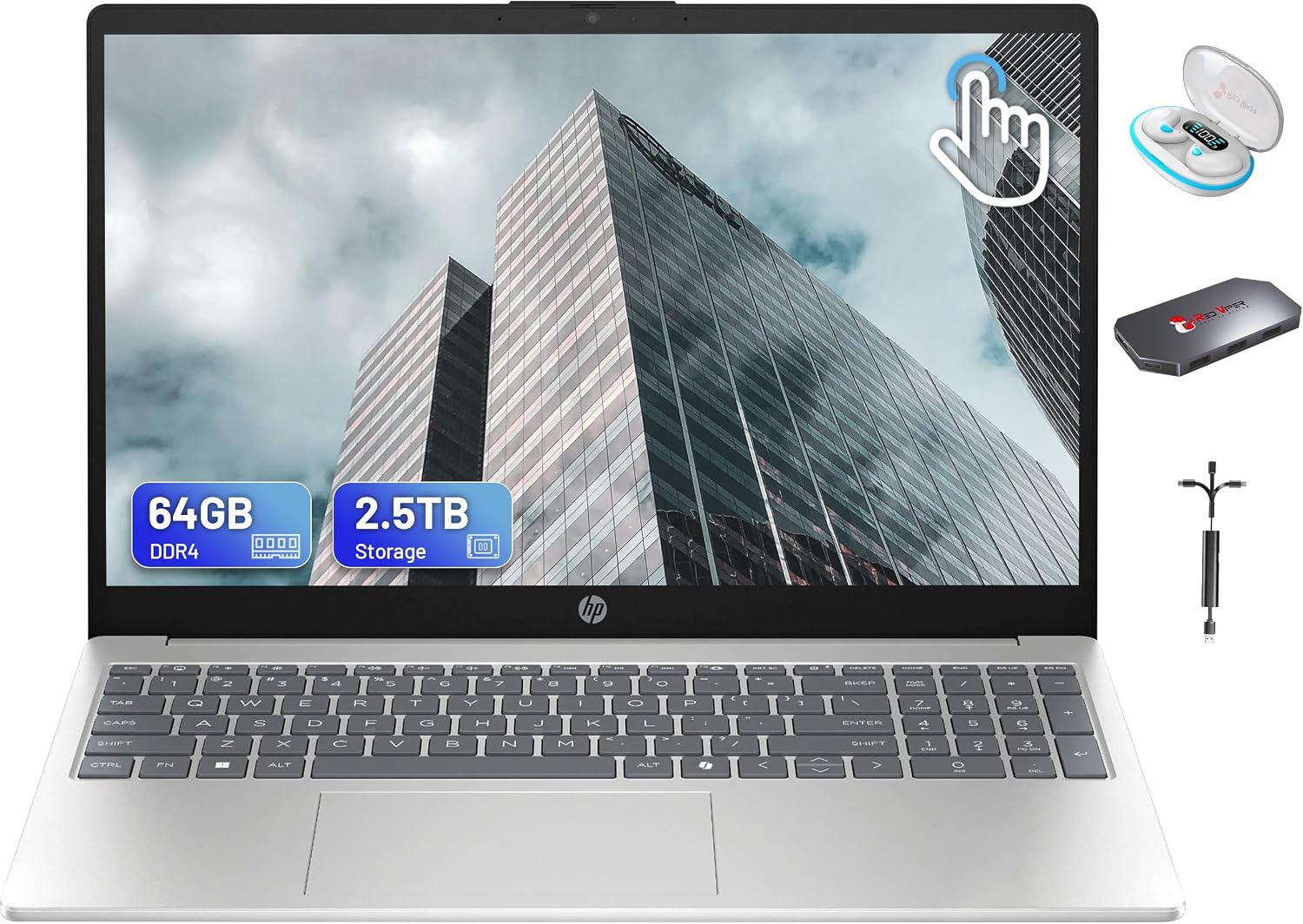 HP 15.6' FHD Touchscreen Laptop | Intel i7-1355U | Intel Iris Xe Graphics | 64GB RAM, 2.5TB Storage (2TB SSD + 512GB Docking Station Set) | Num Pad, Wi-Fi 6, Fast Charge, Windows 11 Pro | Silver
