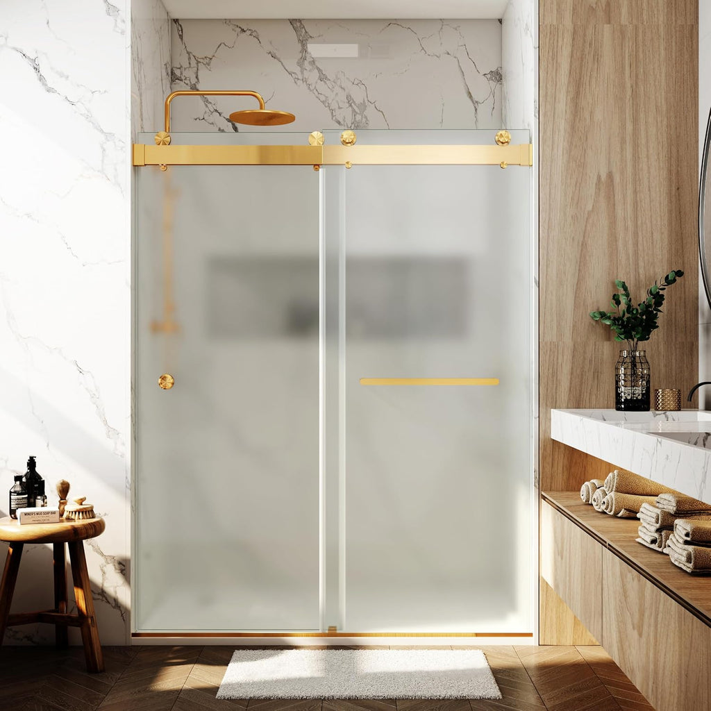 3/8'(10mm) 56-60' W x 76' H Shower Doors Frosted Glass Soft Closing Double Sliding Frameless Hidden Pull Handle and Towel Bar Handle Stainless Steel Hardware (Brushed Gold)