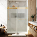 3/8'(10mm) 56-60' W x 76' H Shower Doors Frosted Glass Soft Closing Double Sliding Frameless Hidden Pull Handle and Towel Bar Handle Stainless Steel Hardware (Brushed Gold)