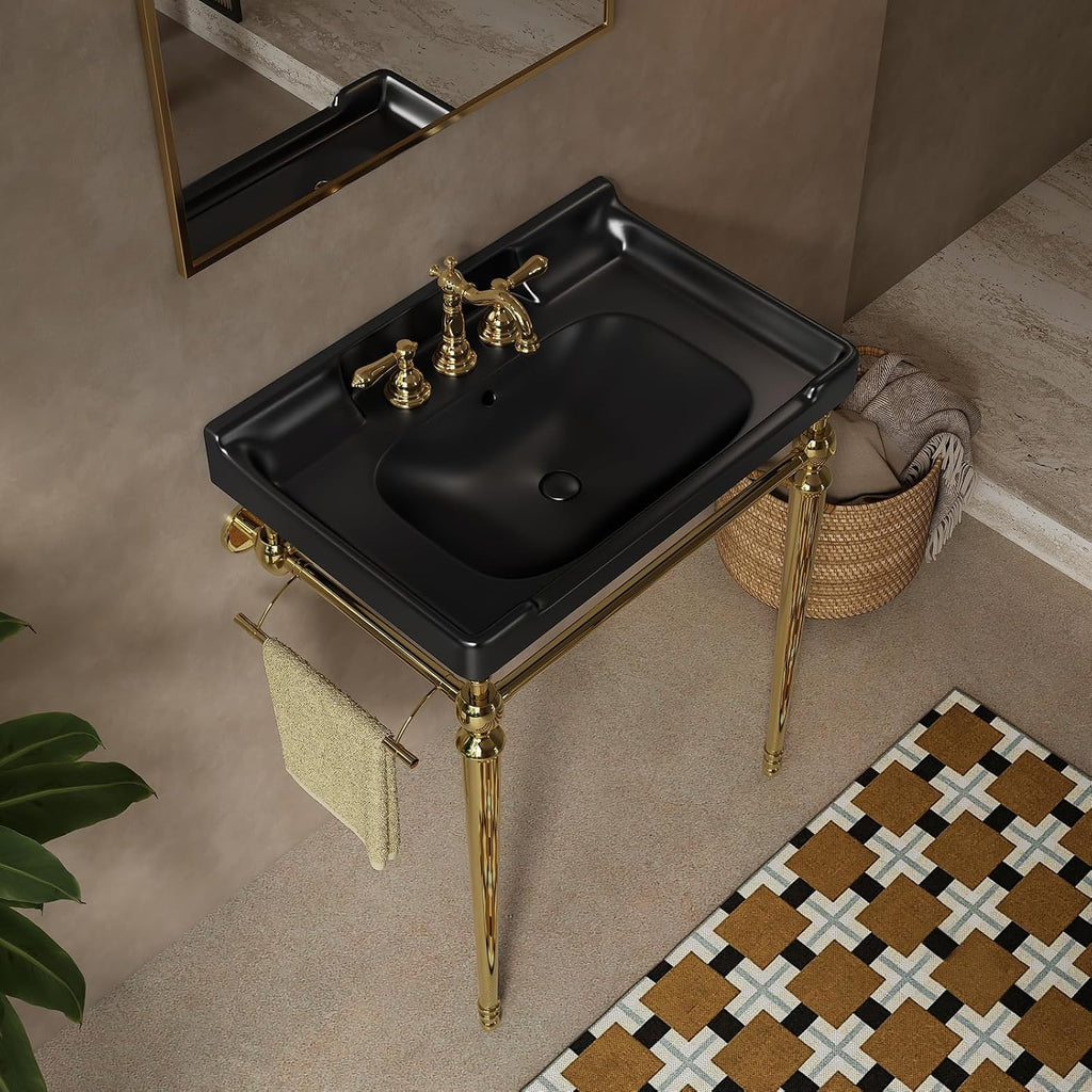28' Free Standing Bathroom Vanity with Stainless Steel Brushed Gold Supporting Leg and Towel Rack, Black Bathroom Console Sink with 3 Tap Holes, Black