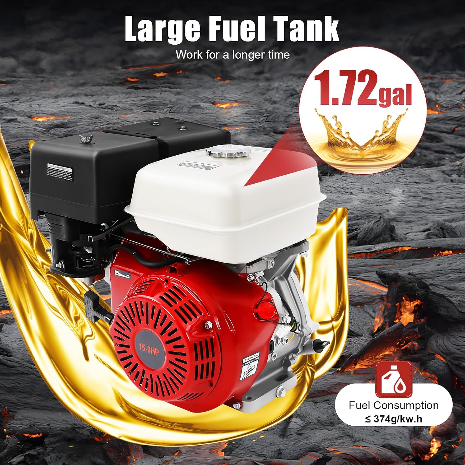 4 Stroke Gasoline Engine, 15HP 420CC Gas Engine, 9700W 3600RPM Go Kart Motor Engine, for Lawnmowers, Go Karts, Compressors, Trenchers