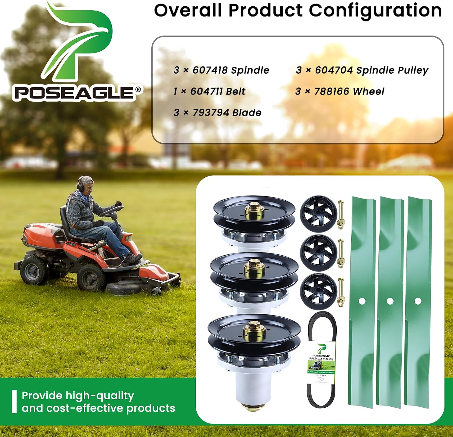 60 Inch Mower Deck Rebuild Kit for Hustler Raptor SD 934778 935916 935841 Includes 3 Pack 601804 Spindle Assembly with 604704 Spindle Pulley 788166 Wheel 793794 Blade 604711 Belt 5/8x154