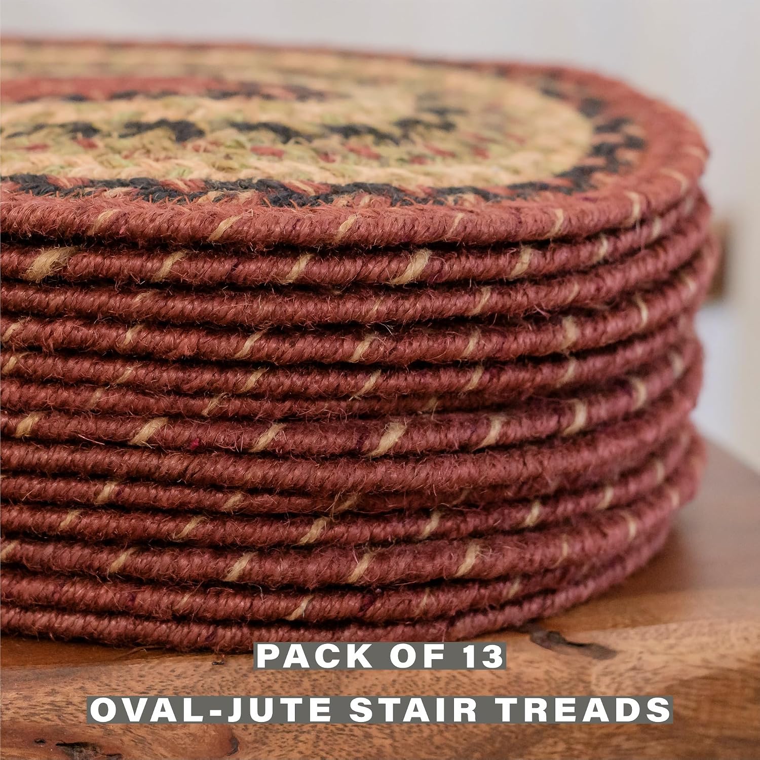 Homespice Highland Jute Braided Staircase Step Treads, Country Lodge Decor, Set of 13, Multicolor 8x28 Oval Rug for Stairs - Easy to Clean, Tightly Stitched and Durable