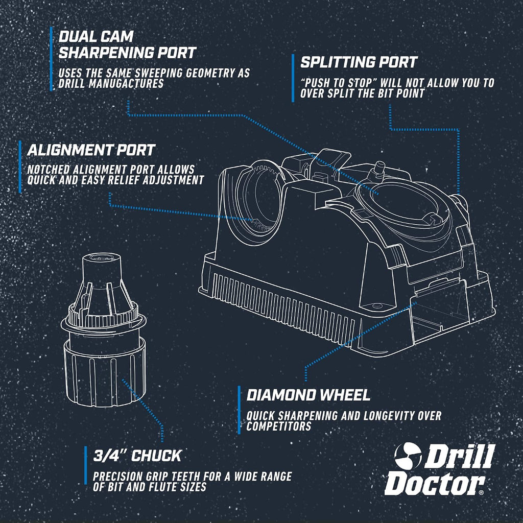 Drill Doctor DD750X Electric Drill Bit Sharpener, 3/32-3/4' High-Speed, Portable - Steel, Masonry, Carbide, Cobalt, Tin-Coated Bits, Adjustable Angles