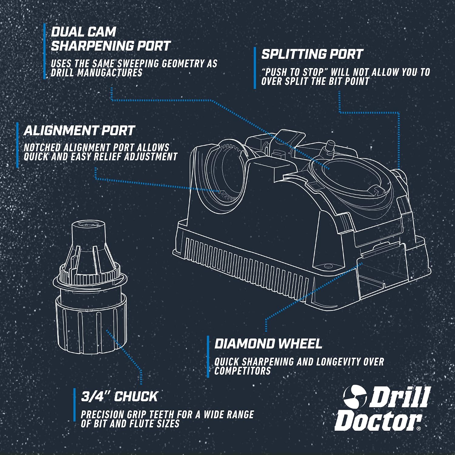 Drill Doctor DD750X Electric Drill Bit Sharpener, 3/32-3/4' High-Speed, Portable - Steel, Masonry, Carbide, Cobalt, Tin-Coated Bits, Adjustable Angles