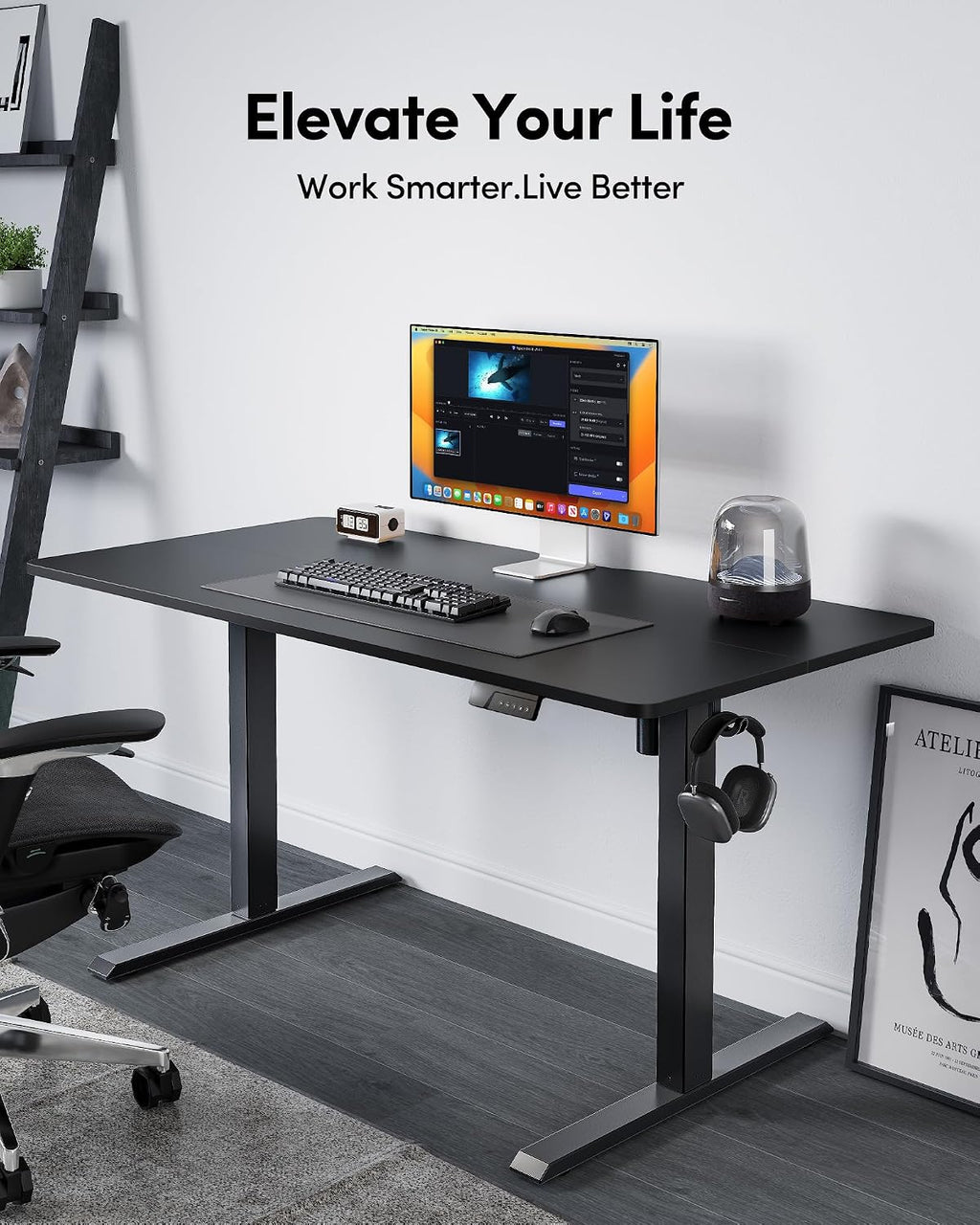 FEZIBO Standing Desk, 55×28 Inches Electric Height Adjustable, Sit Stand Up, Computer Office Desk with Splice Board, Black Frame/Black TOP
