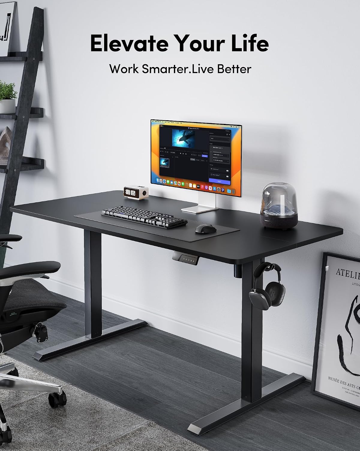 FEZIBO Standing Desk, 55×28 Inches Electric Height Adjustable, Sit Stand Up, Computer Office Desk with Splice Board, Black Frame/Black TOP