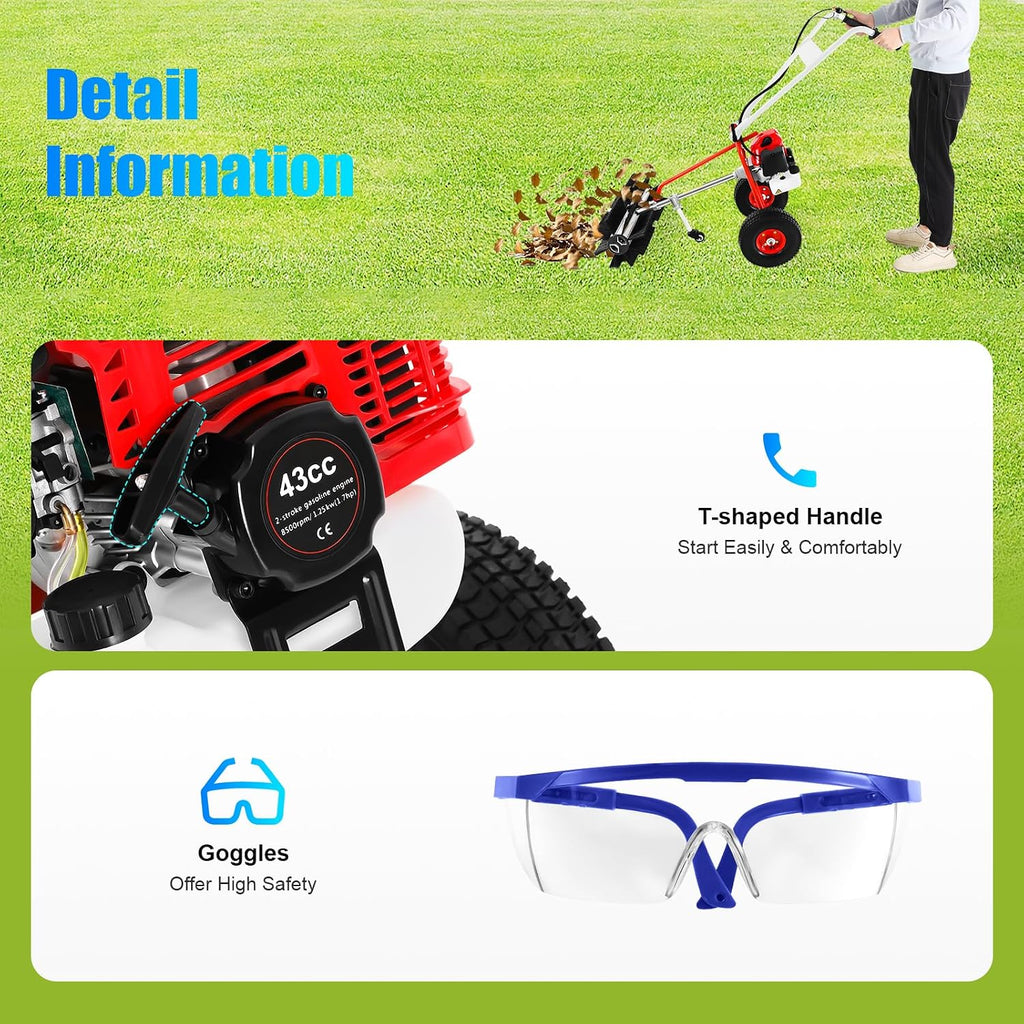 43CC 2-Stroke Gas Push Lawn Sweeper Broom, 1.7HP Gas Walk Behind Push Lawn Sweeper Handheld Walk Behind Snow Sweeper Broom Portable Driveway Turf Grass Cleaning Tool for Garden Yard Sidewalk