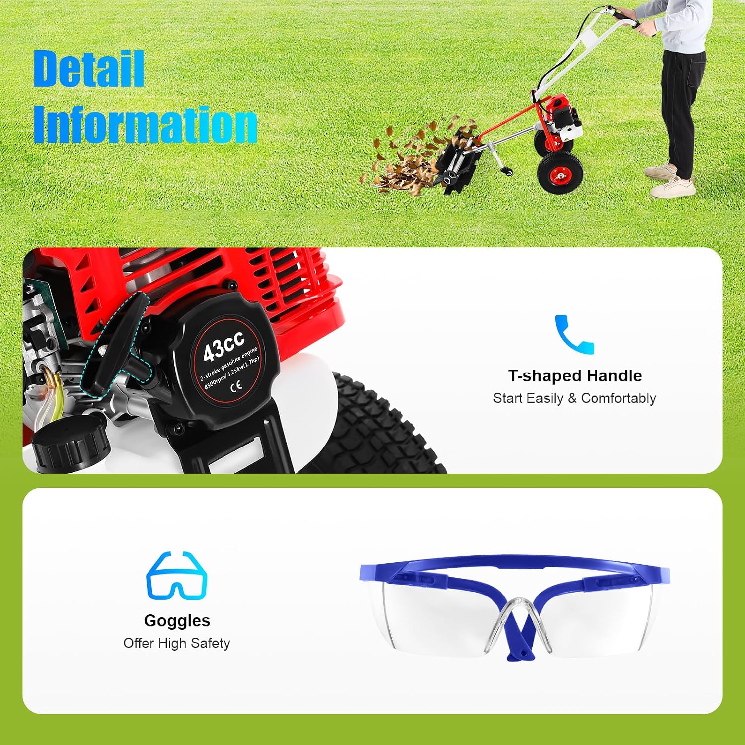1.7HP Gas Power Broom Sweeper, 43CC 2 Stroke Walk Behind Hand Snow Sweeper, Portable Artificial Grass Brush Handheld Turf Lawn Sweeper Device, 8500RPM, for Garden Lawn Yard