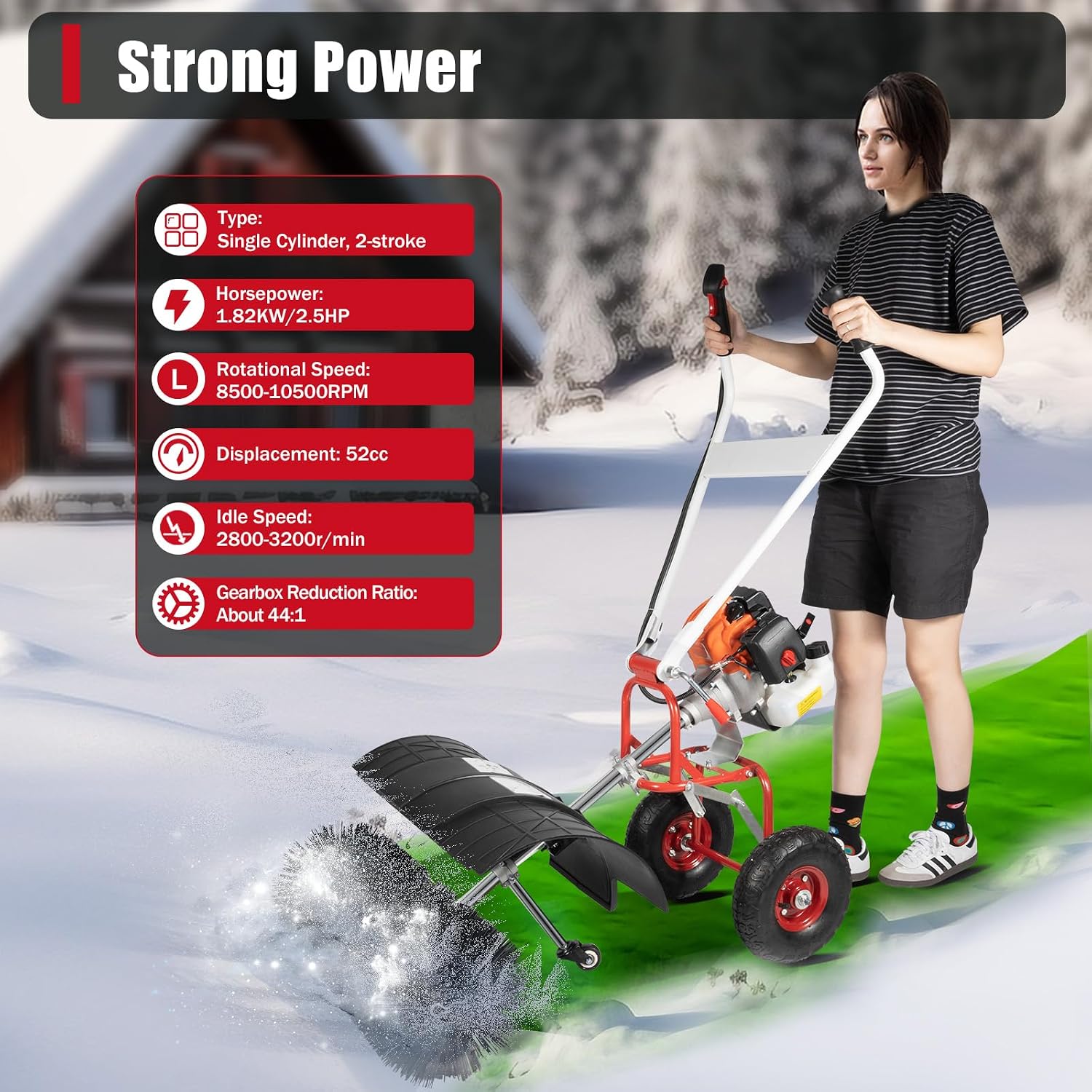 Outdoor Hand Held Gas Power Broom, 52cc Gasoline Power Broom Walk Behind Sweeper Driveway Cleaning Tools 2.5HP Broom Sweeper Cordless for Snow Lawn Leaf Artificial Turf Grass Gravel Cleaning