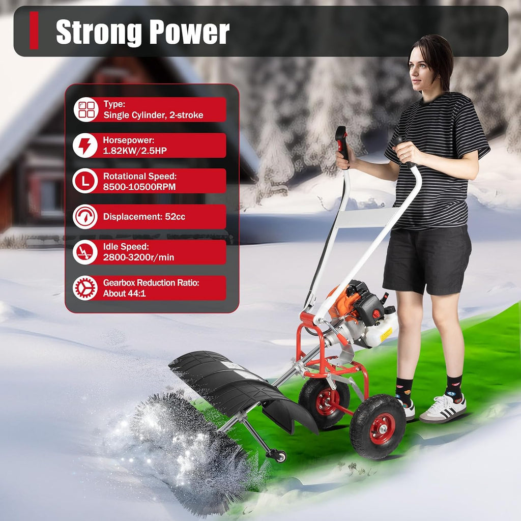 2.5HP 52CC Gas Power Handheld Sweeper, Driveway Turf Snow Broom Brush Cleaner Artificial Grass Walk Behind Turf Brush Electric Lawn Power Outdoor Road Street High Performance Cleaner