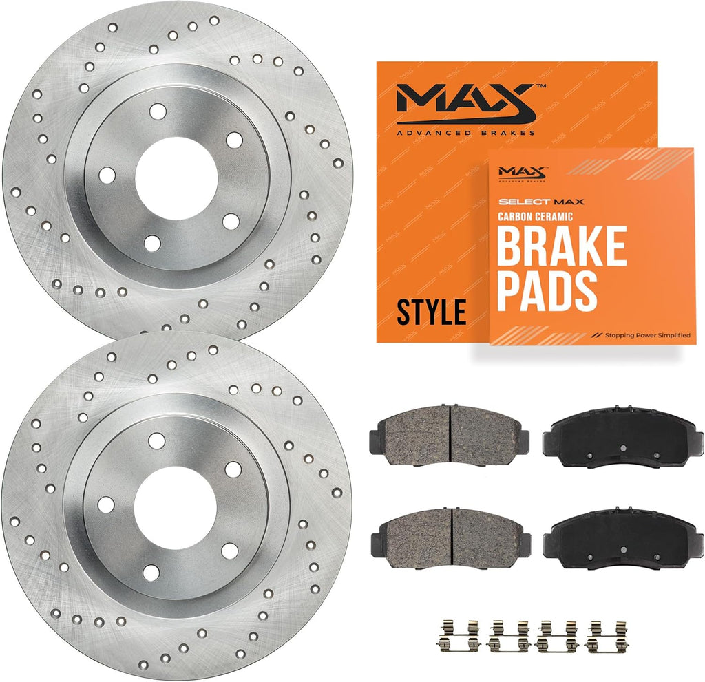 Max Advanced Brakes Front Brake Kit Compatible With 2002-2014 2015 2016 Subaru Impreza Legacy L w/10.91' Front Rotor Replacement Cross Drilled Disc Brake Rotors and Ceramic Brake Pads