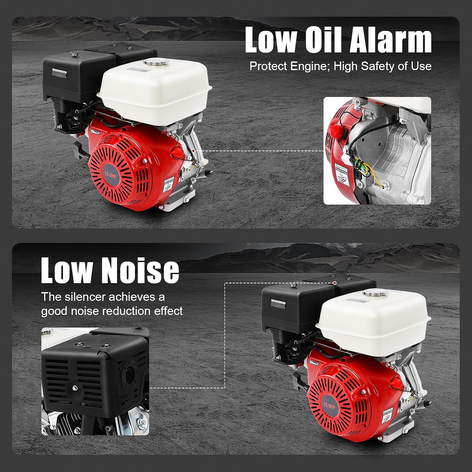 420CC 15Hp Gas Engine, 4-Stroke Horizontal Shaft Gas Powered Engine Gas Lawn Mower Industrial Grade Replacement Gas Motor W/Single Cylinder System for Go-Karts Compressors Lawn Mowers Water Pumps