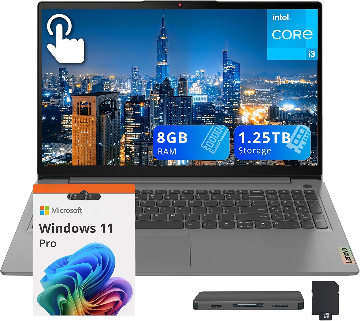 Lenovo Ideapad 3 15.6' FHD IPS Anti-Glare Touch Laptop, Intel Core i3-1115G4, 8GB DDR4, 1.25TB Storage (256GB SSD+1TB Docking Station), 720p HD Camera with Privacy Shutter, WiFi 6, Win 11 Pro, Grey