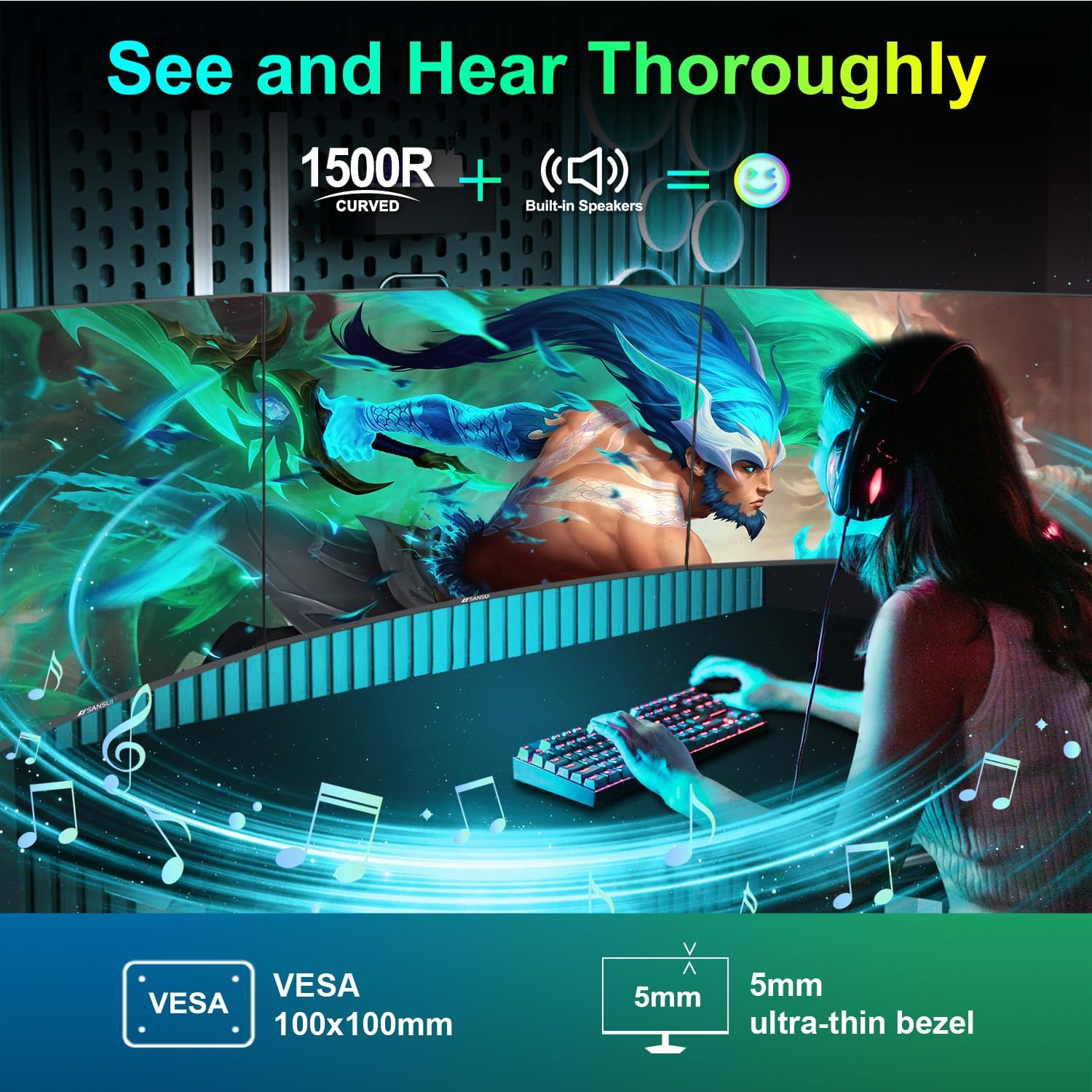 SANSUI Curved Monitor 27 inch 120Hz USB Type-C Computer Monitor with Speakers Built in丨FHD 1080p丨HDR丨110% sRGB丨1500R丨VESA Compatible,for Tablet,Desktop,Laptop and PC Work Gaming