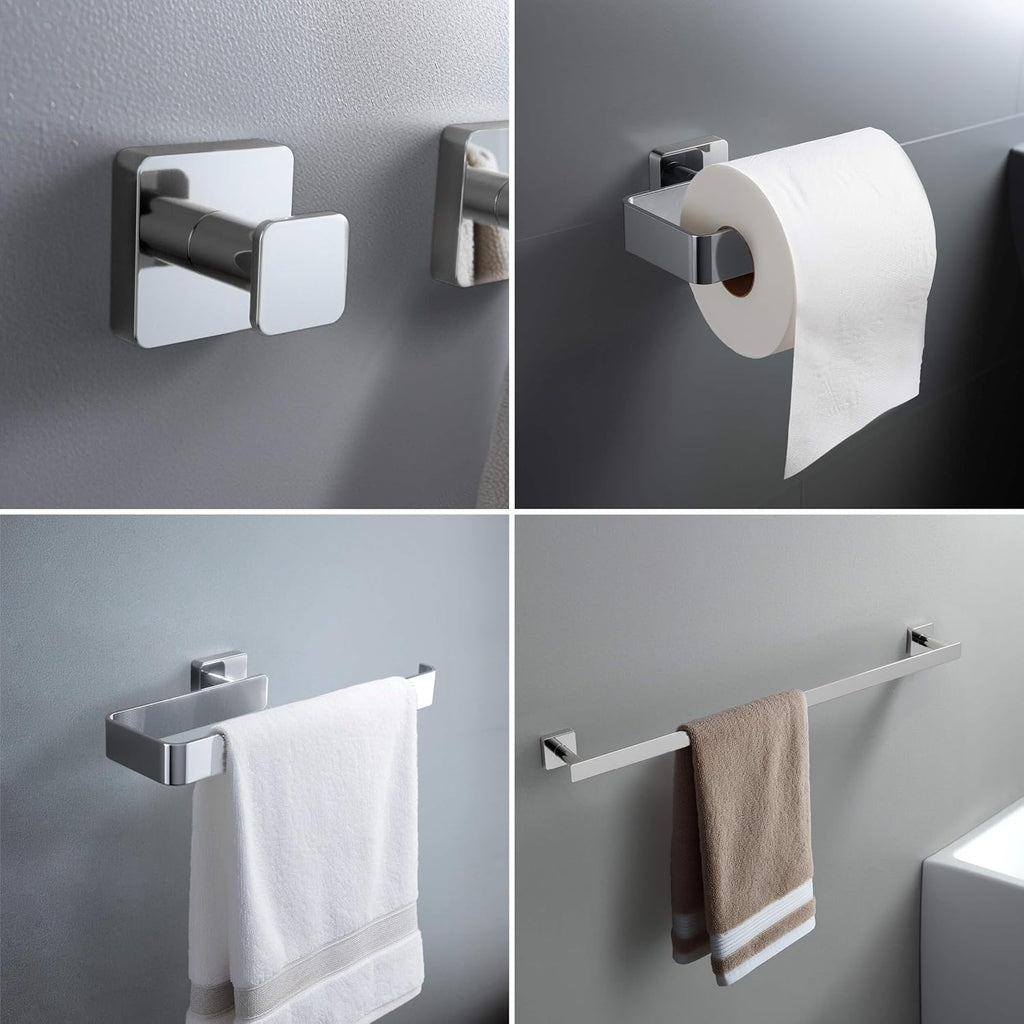 KIBI Blaze 4-Piece Bathroom Hardware Set in Chrome – Includes 25' Towel Bar, Towel Ring, Toilet Paper Holder & Robe Hook – Sleek Design, Rust-Resistant, Premium Quality Construction (Chrome, KBA16-4)