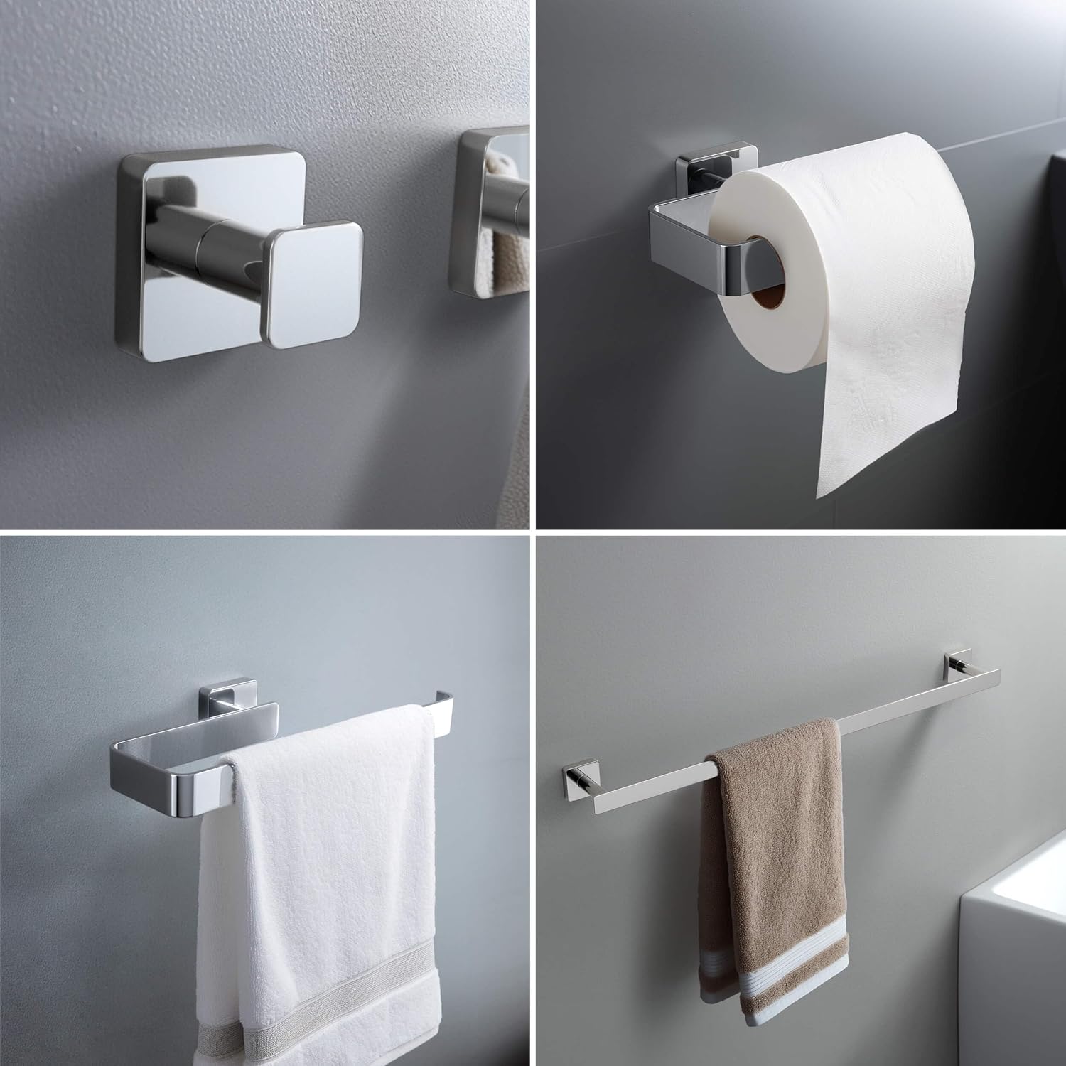 KIBI Blaze 4-Piece Bathroom Hardware Set in Chrome – Includes 25' Towel Bar, Towel Ring, Toilet Paper Holder & Robe Hook – Sleek Design, Rust-Resistant, Premium Quality Construction (Chrome, KBA16-4)