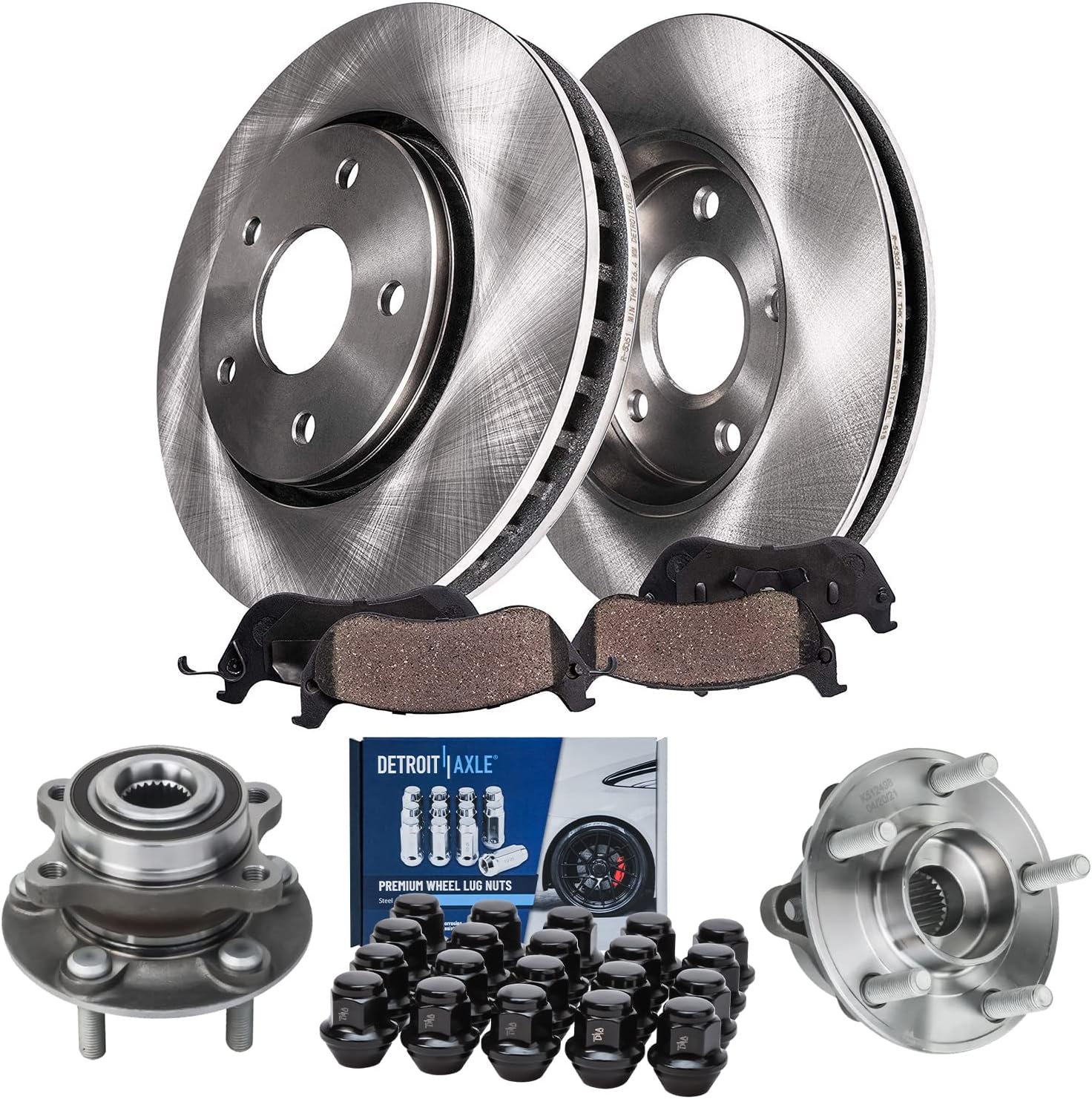 Detroit Axle - Front Disc Rotors Brake Pads Wheel Hubs Bearings w/20pc Wheel Lug Nuts Replacement for Ford Fusion Lincoln MKZ - 26pc Set