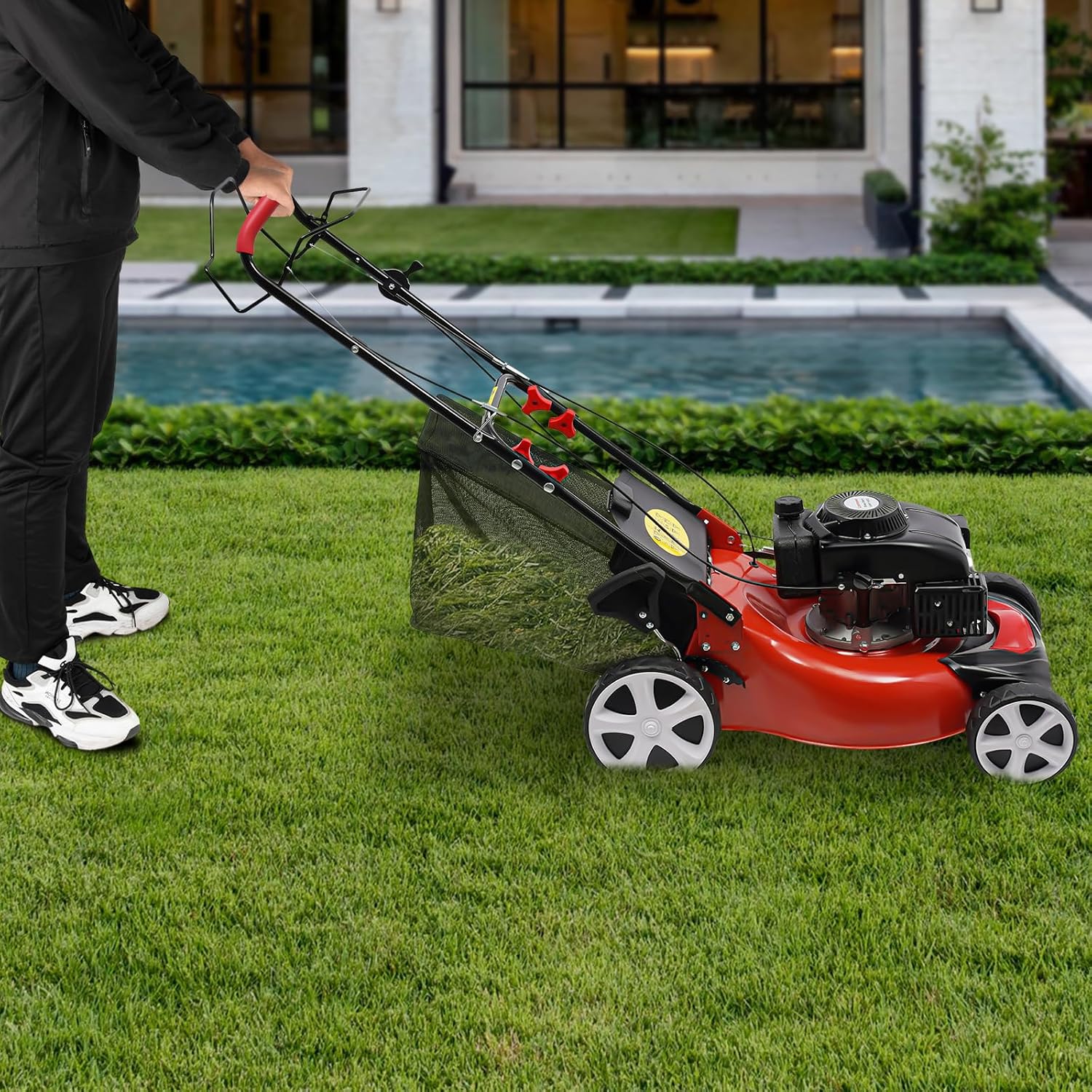 Gas Powered Lawn Mower, 4-Stroke 140cc Self-Propelled 20 Inch Cutting Width 3-in-1 Lawn Mower with Grass Collecting Bag, 8 Adjustable Heights, 4000w Single Cylinder Weeding Machine