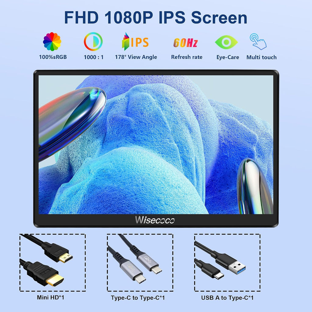 wisecoco 7 inch Portable Monitor Touchscreen IPS 1080P 1920x1080 120Hz Mini LCD Display Second Screen USB C HDMI Ultra Thin for Raspberry Pi 5/4 Switch PS5 Xbox Laptop PC