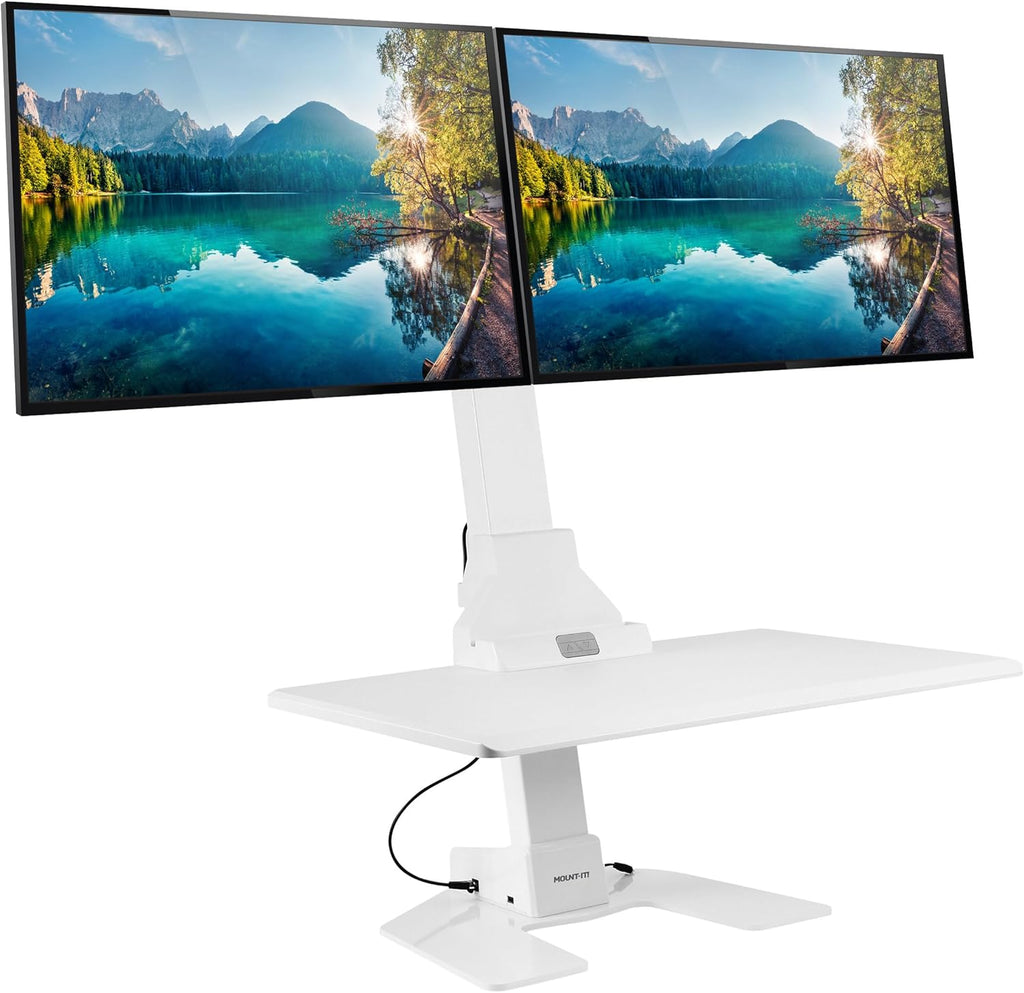 Mount-It! Electric Standing Desk Converter, Motorized Sit Stand Desk Riser with Dual Monitor Mounts, Adjustable Height Ergonomic Workstation with 28' Wide Platform and Tablet/Phone Slot, White