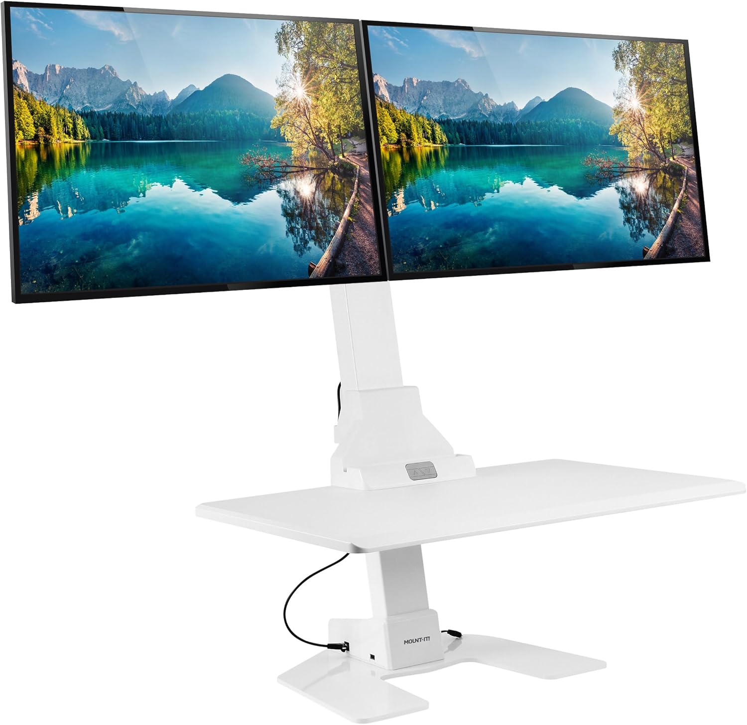 Mount-It! Electric Standing Desk Converter, Motorized Sit Stand Desk Riser with Dual Monitor Mounts, Adjustable Height Ergonomic Workstation with 28' Wide Platform and Tablet/Phone Slot, White