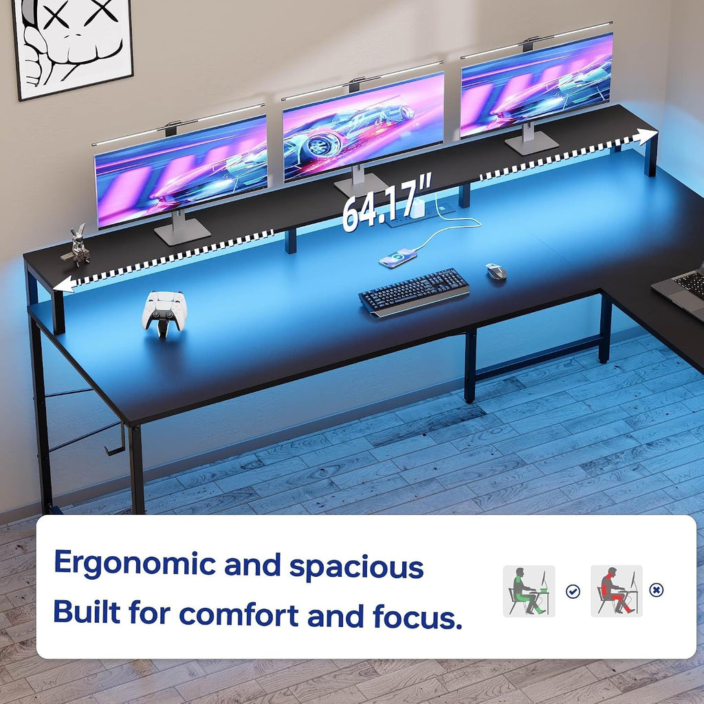 Pamray 64 Inch L Shaped Gaming Desk with Power Outlets and Led Lights, Large Corner Computer Desk with Monitor Stand and Pegboard, PC Table for Home Office and Bedroom Grey