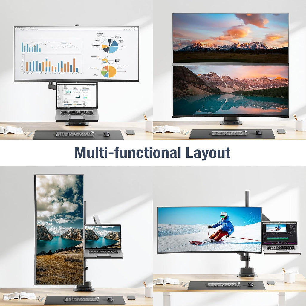 AVLT Laptop & 40 Inch Monitor Arm Pole Top Mount with USB-C&A Ports-Black, VESA Compatible, Supports 26.4 lbs (12 kg), Ultrawide Screen Fit, Adjustable Height, Tilt Swivel Rotate, Cable Management