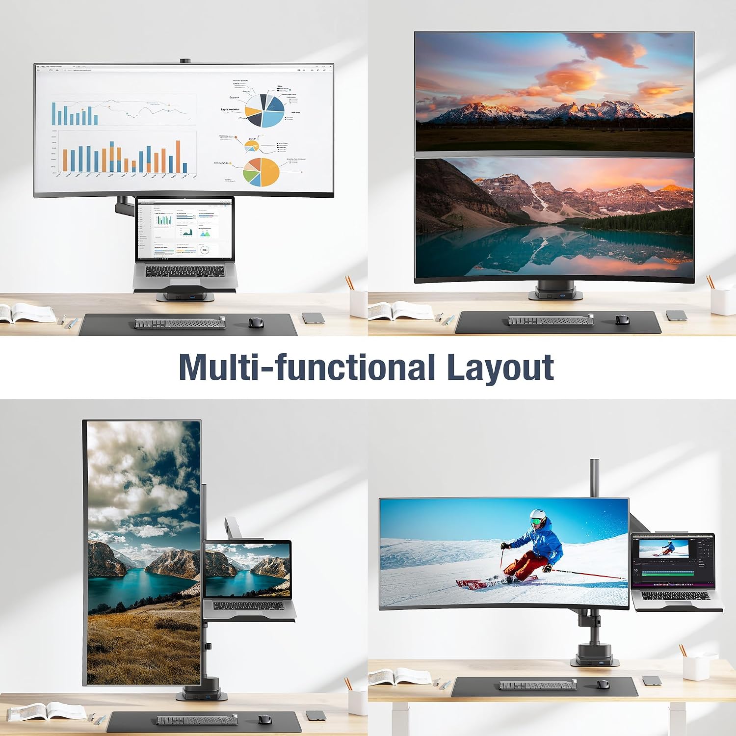 AVLT Laptop & 40 Inch Monitor Arm Pole Top Mount with USB-C&A Ports-Black, VESA Compatible, Supports 26.4 lbs (12 kg), Ultrawide Screen Fit, Adjustable Height, Tilt Swivel Rotate, Cable Management