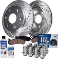 Detroit Axle - 4WD Front Brake Kit for Ford F-150 Lincoln Mark LT [6 Lug] Drilled & Slotted Brake Rotors Ceramic Brakes Pads 12pc Wheel Lug Nuts 2004 2005 2006 2007 2008 Replacement