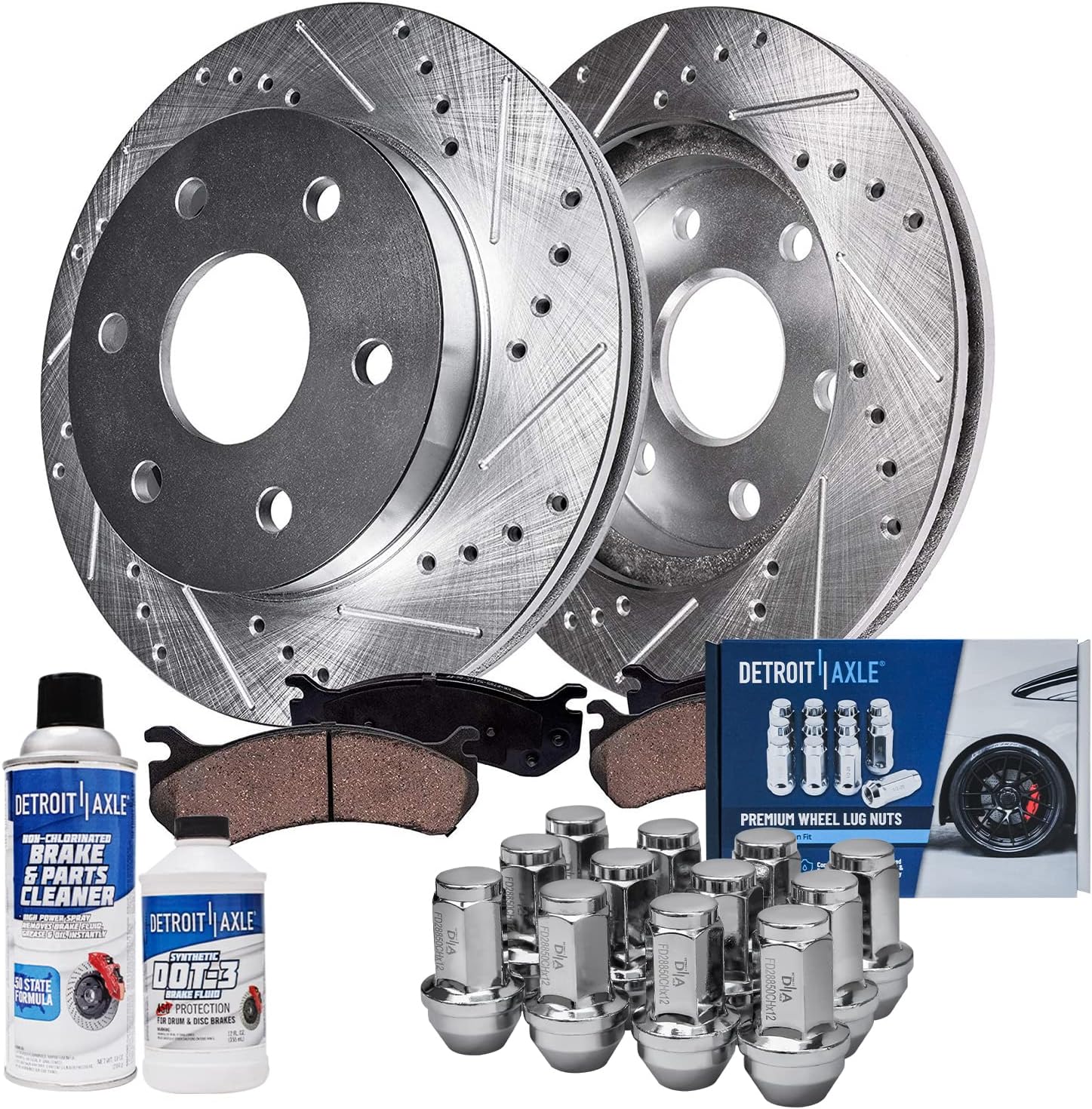 Detroit Axle - 4WD Front Brake Kit for Ford F-150 Lincoln Mark LT [6 Lug] Drilled & Slotted Brake Rotors Ceramic Brakes Pads 12pc Wheel Lug Nuts 2004 2005 2006 2007 2008 Replacement