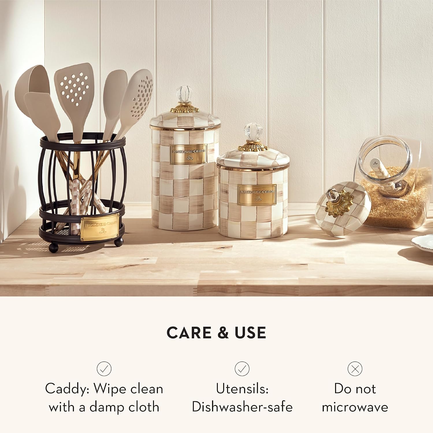 MACKENZIE-CHILDS Utensil Caddy Set with Kitchen Utensils, Brown-and-White Mocha Check