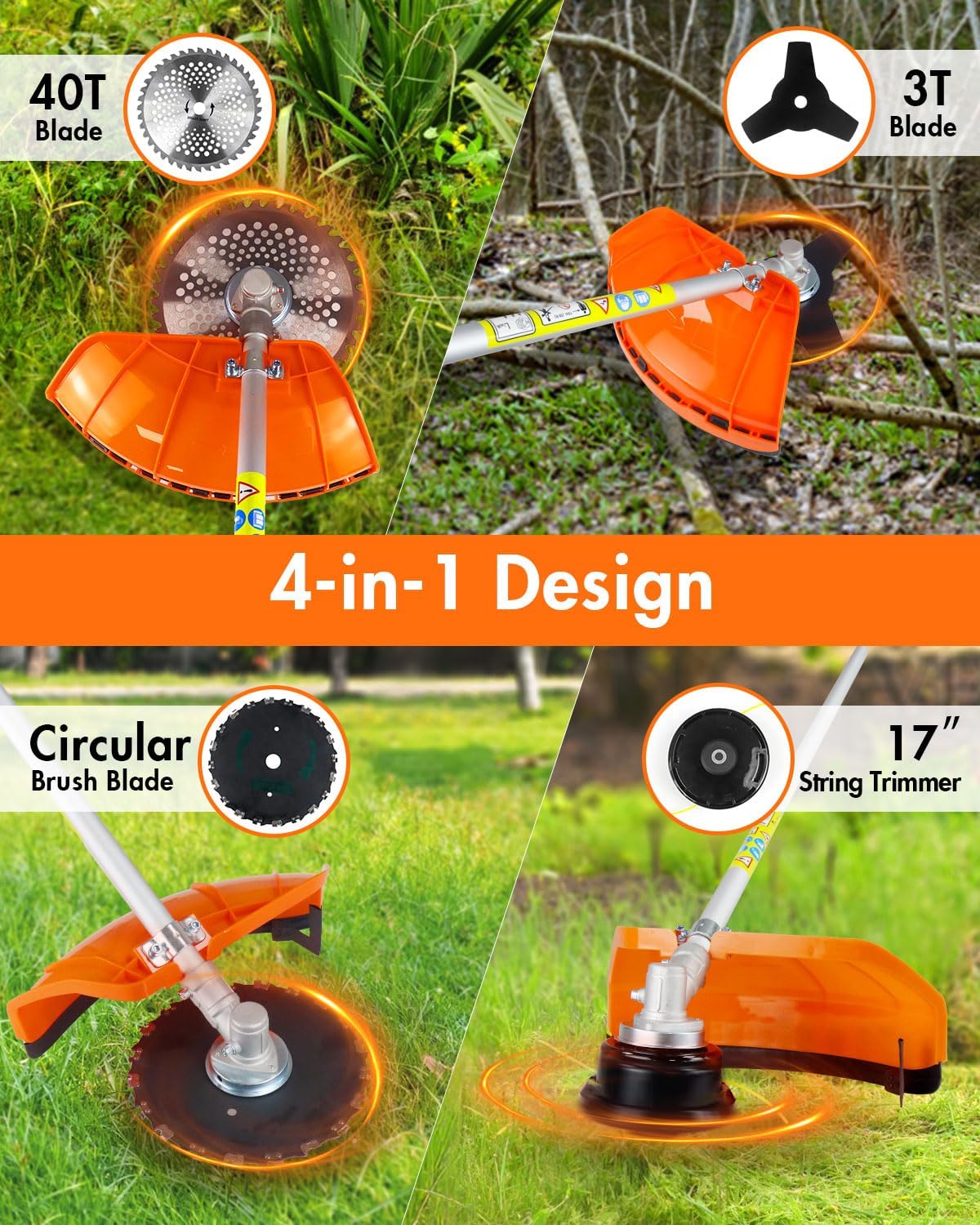 NEO-TEC 31cc 4-Cycle Gas Weed Wacker 4 in 1 String Trimmer/Edger 17'' with 10'' Brush Cutter x3 Rubber U-Handle & Shoulder Strap, Light Stable and Powerful Gas Weed Eater for Grass Cutting