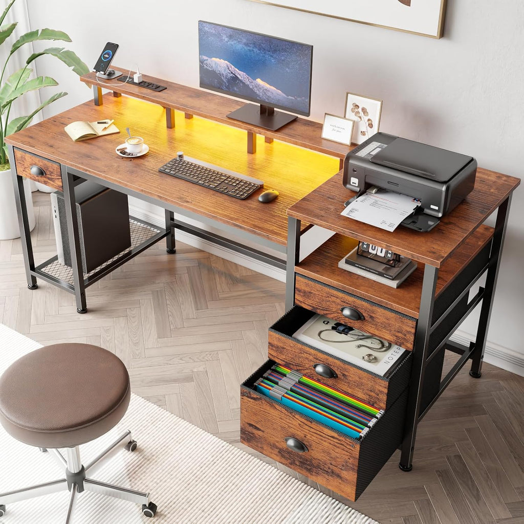 Furologee 60' Computer Desk with File Cabinet and Storage Shelves, Reversible Home Office Desk with LED Lights, Full Monitor Stand, Power Outlets, Study Gaming Table with 4 Drawers, Rustic Brown