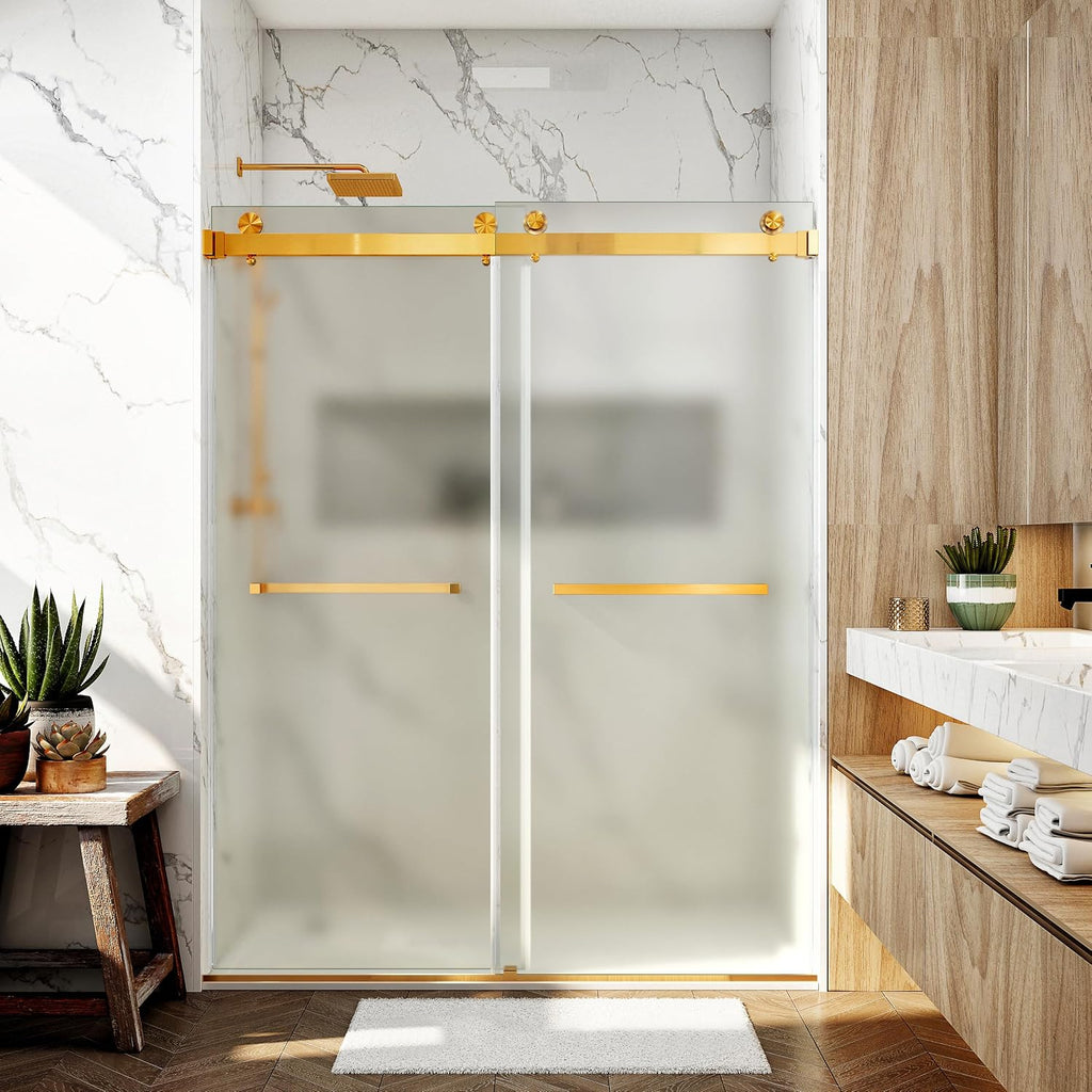 56-60' W x 76' H Frosted Shower Doors Double Sliding 3/8'(10mm) Frameless Tempere Glass Towel Bar Handle (Brushed Gold)