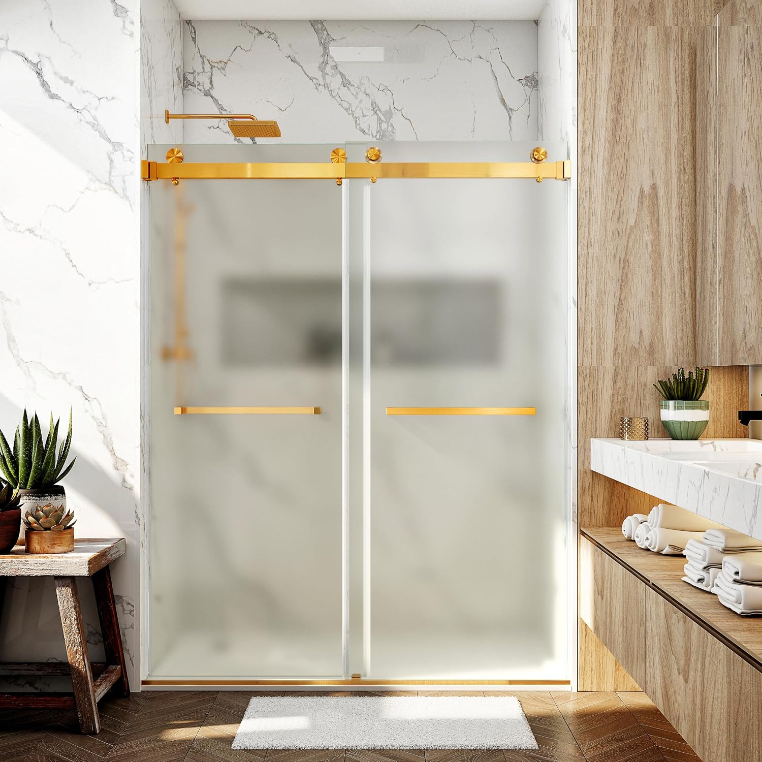 56-60' W x 76' Ultra-Clear Single Sided Frosted Shower Doors Double Sliding Frameless 3/8'(10mm) Tempered Glass with Towel Bar Handle (Brushed Gold)