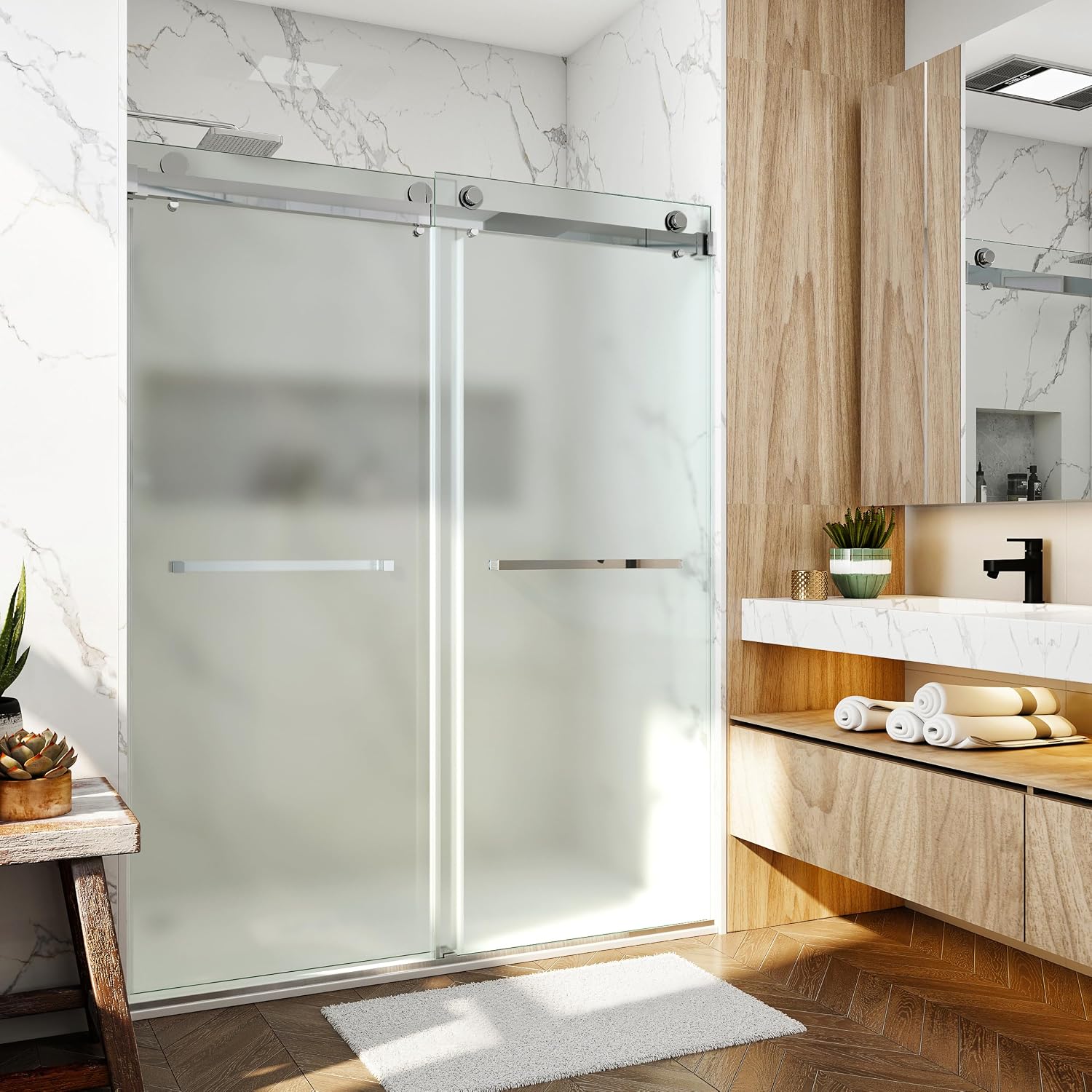 56-60' W x 76' Ultra-Clear Single Sided Frosted Shower Doors Double Sliding Frameless 3/8'(10mm) Tempered Glass with Towel Bar Handle (Chrome)