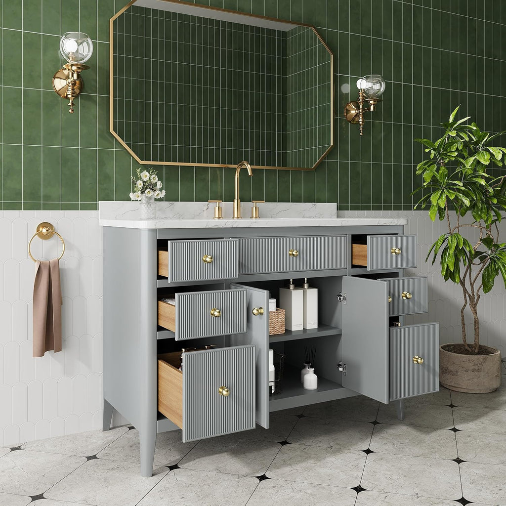 48' Grey American Design Bathroom Vanity with Engineered Marble Top - Solid Rubber Wood, 6 Drawers, 2 Soft Close Doors, White Square Sink - Freestanding Single Sink, Light Grey