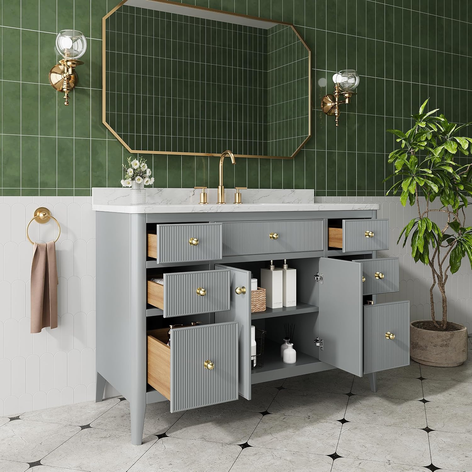 48' Grey American Design Bathroom Vanity with Engineered Marble Top - Solid Rubber Wood, 6 Drawers, 2 Soft Close Doors, White Square Sink - Freestanding Single Sink, Light Grey