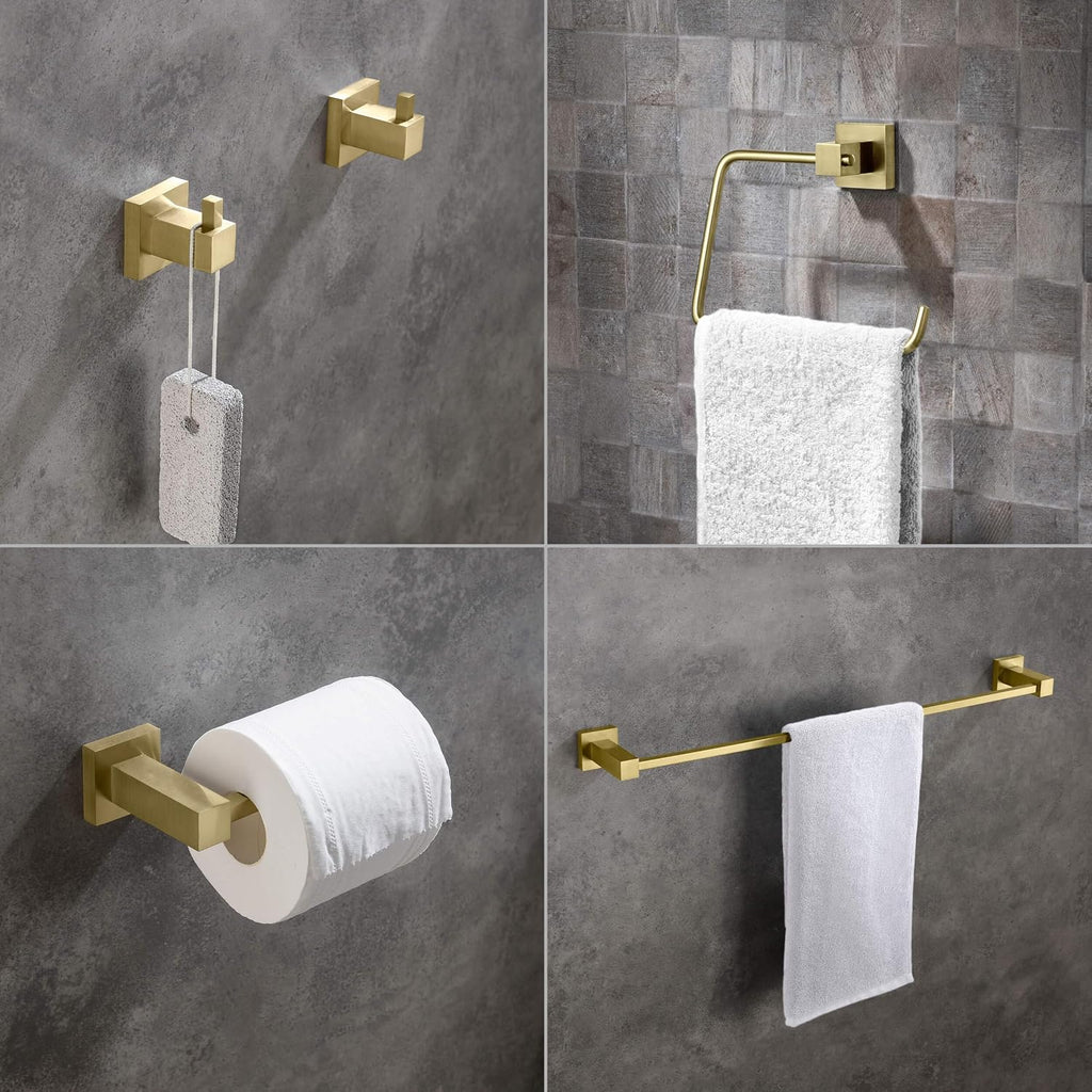 KIBI Cube 5-Piece Bathroom Hardware Set – Wall Mounted Bath Accessories Kit, Premium Brass, Includes Towel Bar, Towel Ring, Toilet Paper Holder, Robe Hook & Towel Hook (Brushed Gold, C-KBA15-5-1)