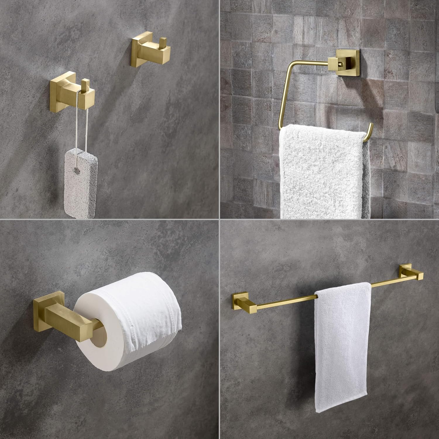 KIBI Cube 5-Piece Bathroom Hardware Set – Wall Mounted Bath Accessories Kit, Premium Brass, Includes Towel Bar, Towel Ring, Toilet Paper Holder, Robe Hook & Towel Hook (Brushed Gold, C-KBA15-5-1)