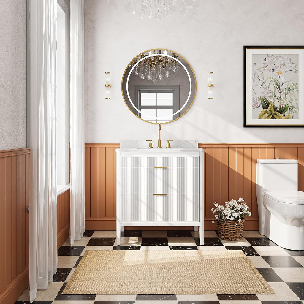 36-Inch Fully Assembled Freestanding Single Sink Bathroom Vanity, 2 Handle Sets (Silver/Gold), Engineered Carrara Marble Top & Solid Rubber Wood, White