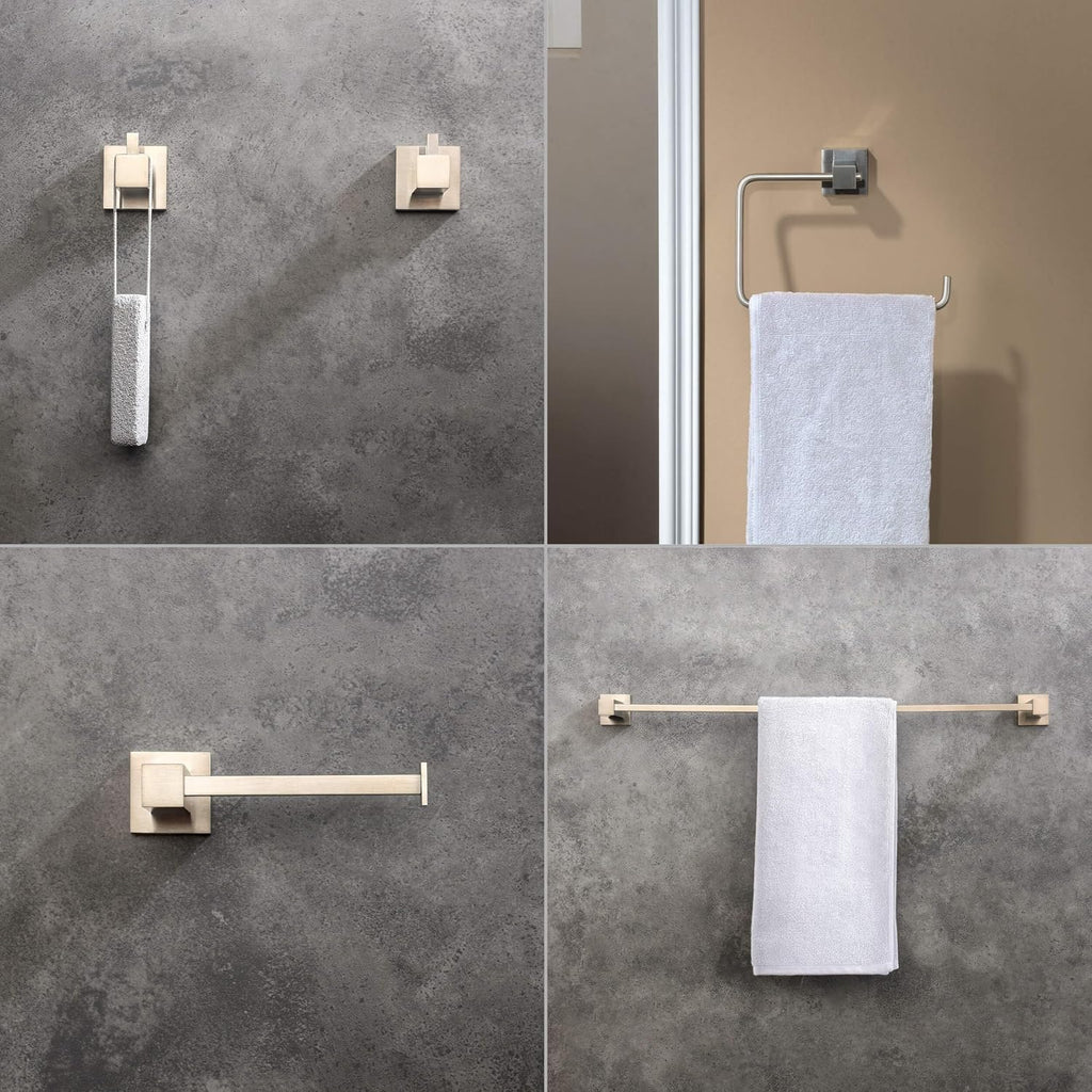 KIBI Cube 5-Piece Brushed Nickel Bathroom Hardware Set – Bath Accessories Kit, Premium Brass, Includes Towel Bar, Towel Ring, Toilet Paper Holder, Robe Hook & Towel Hook for Bathroom Wall, C-KBA15-5-1