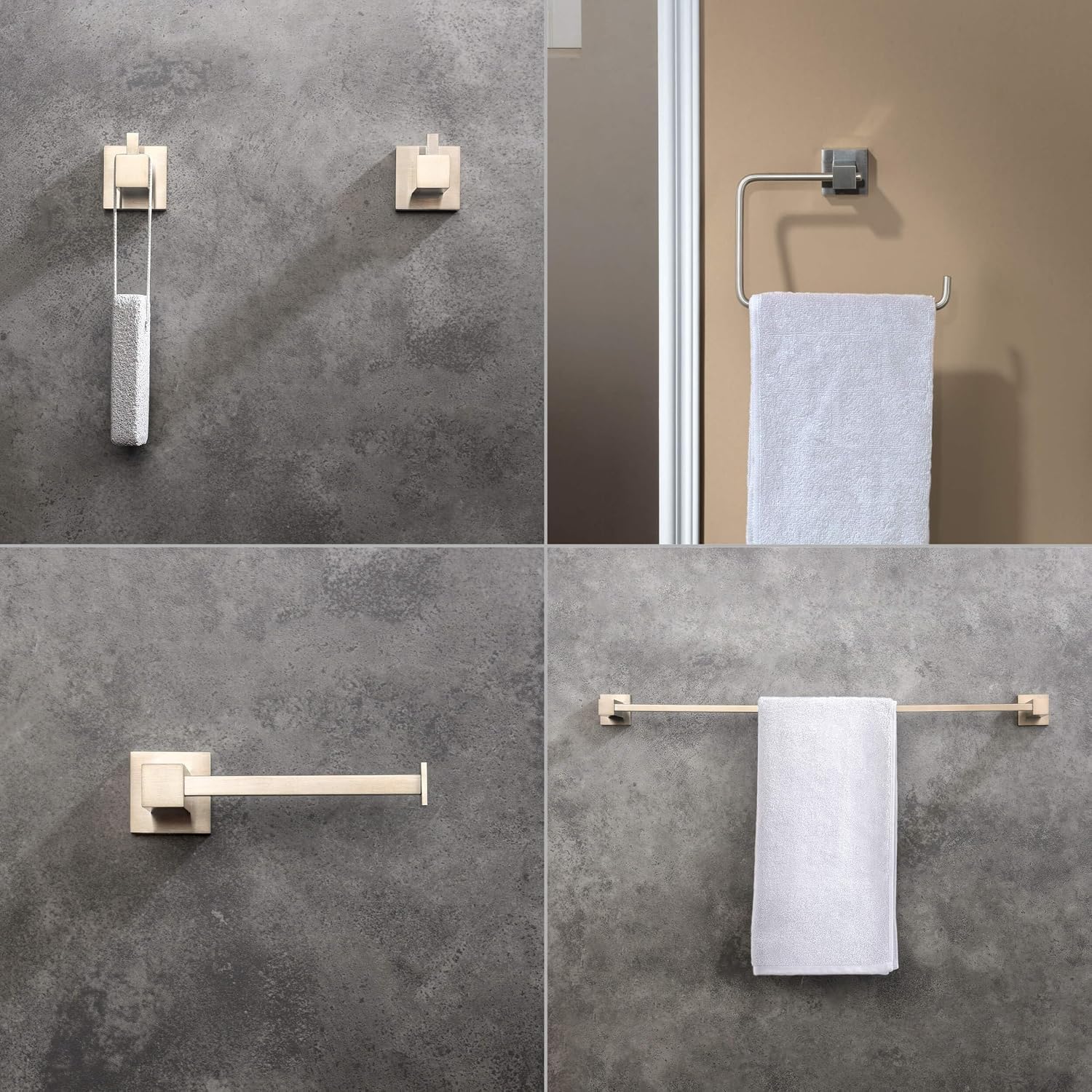 KIBI Cube 5-Piece Brushed Nickel Bathroom Hardware Set – Bath Accessories Kit, Premium Brass, Includes Towel Bar, Towel Ring, Toilet Paper Holder, Robe Hook & Towel Hook for Bathroom Wall, C-KBA15-5-1