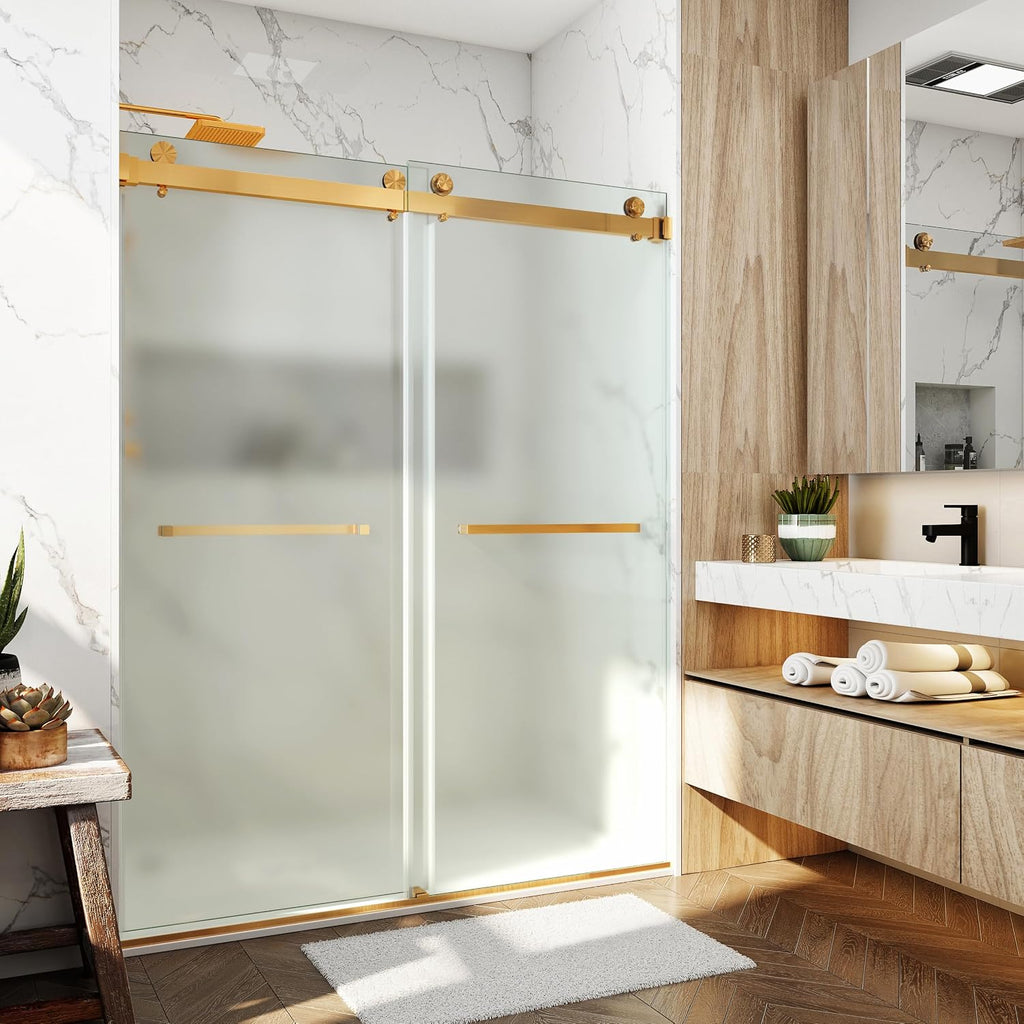 56-60' W x 79' H Shower Doors Double Sliding Frameless 3/8'(10mm) Single Side Frosted Tempere Glass Towel Bar Handle (Brushed Gold)
