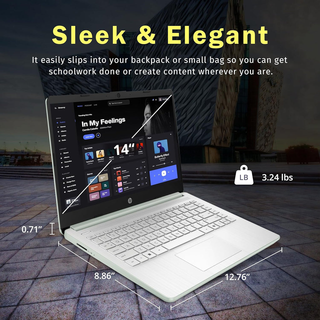 HP 14-inch Ultra Light Laptop W/1 Year Office 365&AI-Copilot, Intel Processor N150, 16GB RAM, 416GB Storage (128GB UFS + 288GB Docking Set), HD Camera, Long Battery Life, Wi-Fi 6, Win 11s, Green