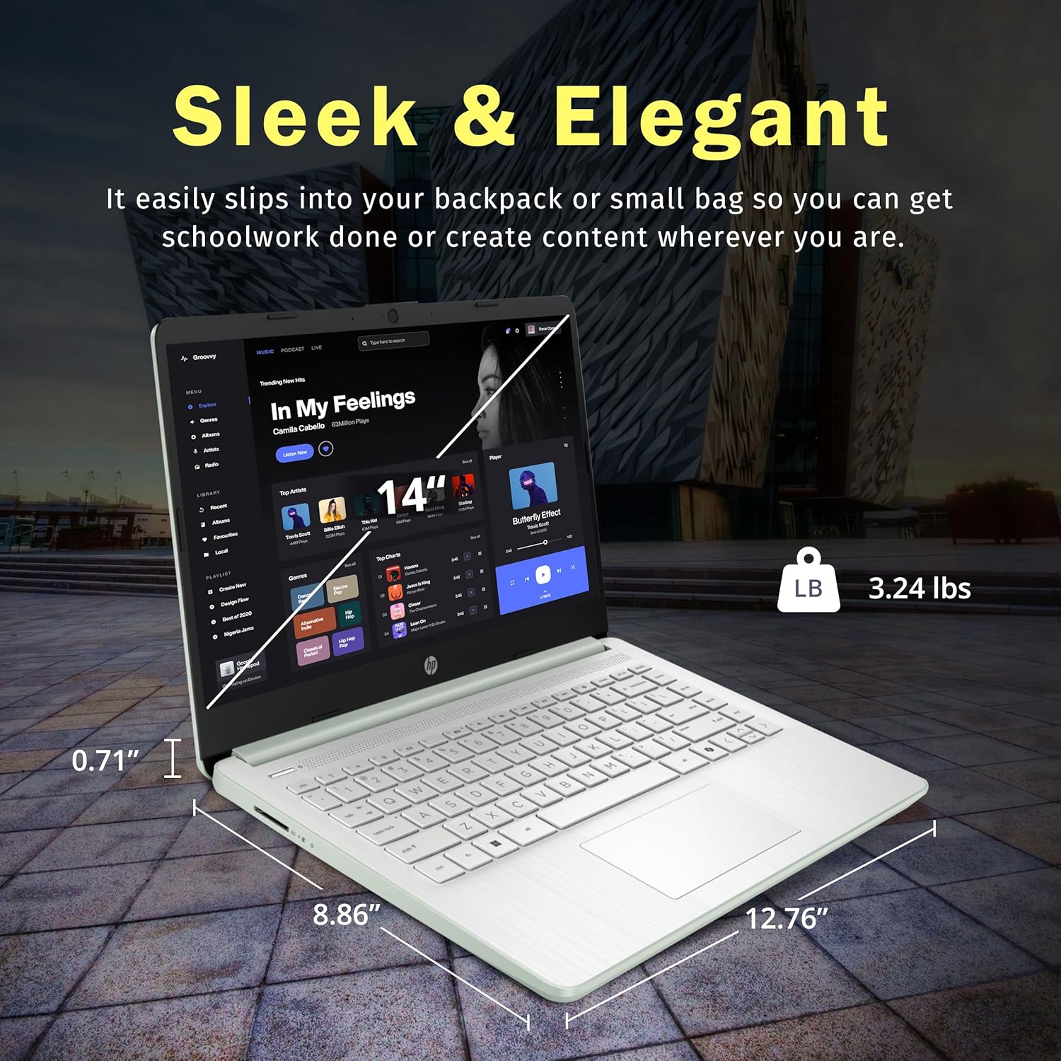 HP 14-inch Ultra Light Laptop W/1 Year Office 365&AI-Copilot, Intel Processor N150, 16GB RAM, 416GB Storage (128GB UFS + 288GB Docking Set), HD Camera, Long Battery Life, Wi-Fi 6, Win 11s, Green