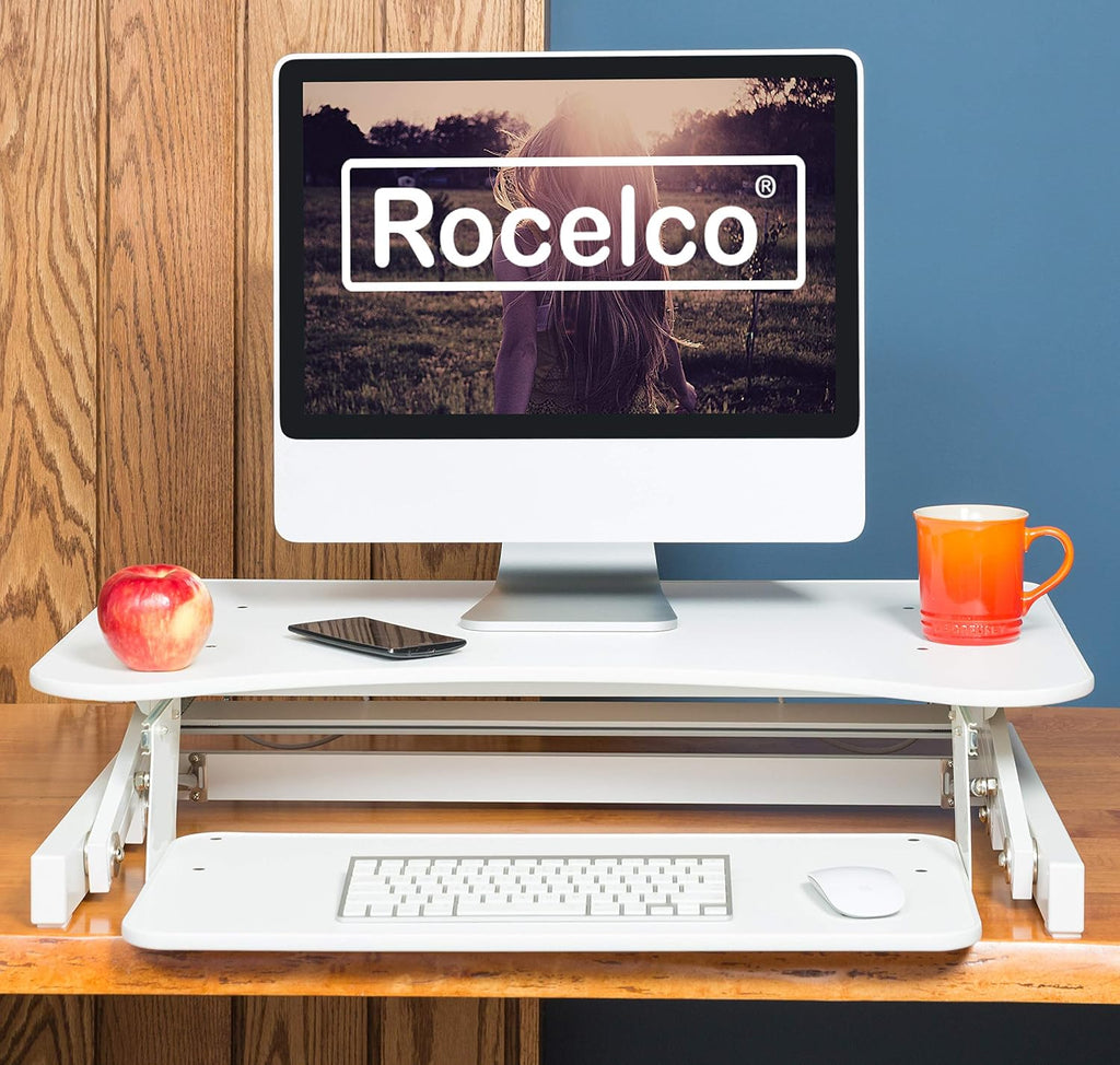 Rocelco 32' Height Adjustable Standing Desk Converter - Quick Sit Stand Up Dual Monitor Riser - Gas Spring Assist Tabletop Computer Workstation - Large Retractable Keyboard Tray - White (R ADRW)